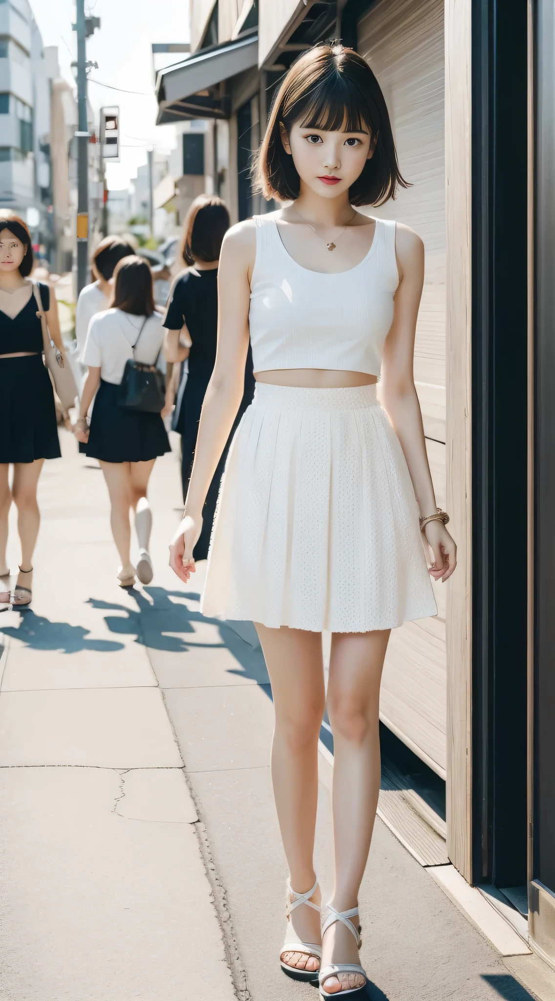 One Girl、summer、Japan Streets、Short brown hair、Clear focus:1.2、Highly detailed face and skin texture、highest quality、8k、Whole Body Ezbian、Beautiful feet、pretty girl、Walking around the city、Realistic skin texture、high resolution、Tank top、Tight mini skirt、Beautiful feet、Sandals