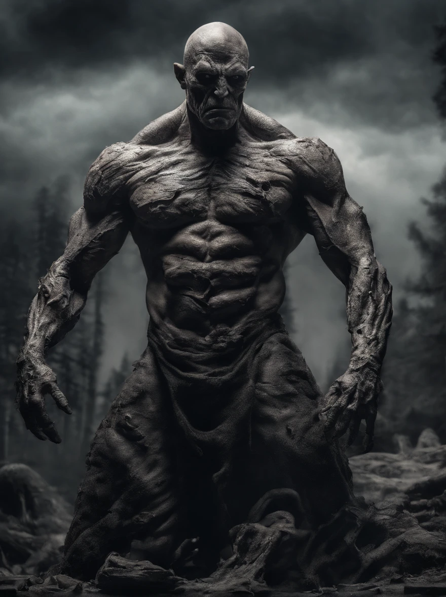 massive 8 feet tall muscled bald hairless mutated semi-orc-troglodyte like human with cracked desiccated skin he has a few large organic spike protrusions made of his desiccated skin on his arms and back, ready for battle to crush his prey, (masterpiece) ( 8K resolution) low light, monotone muted colors, wide angle lens perspective distortion shallow depth of focus ultra high quality photography best quality, ultra photo realistic, ((shallow depth of field focus)) ultra high quality photography best quality, scary