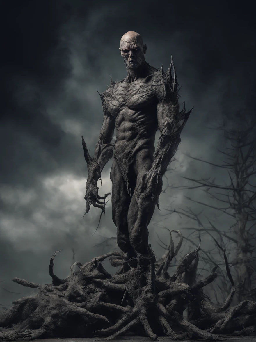  massive 8 feet tall muscled bald hairless mutated semi-orc-troglodyte like human with cracked desiccated skin he has a few large organic spike protrusions made of his desiccated skin on his arms and back, ready for battle to crush his prey, (masterpiece) ( 8K resolution) low light, monotone muted colors, wide angle lens perspective distortion shallow depth of focus ultra high quality photography best quality, ultra photo realistic, ((shallow depth of field focus)) ultra high quality photography best quality, scary