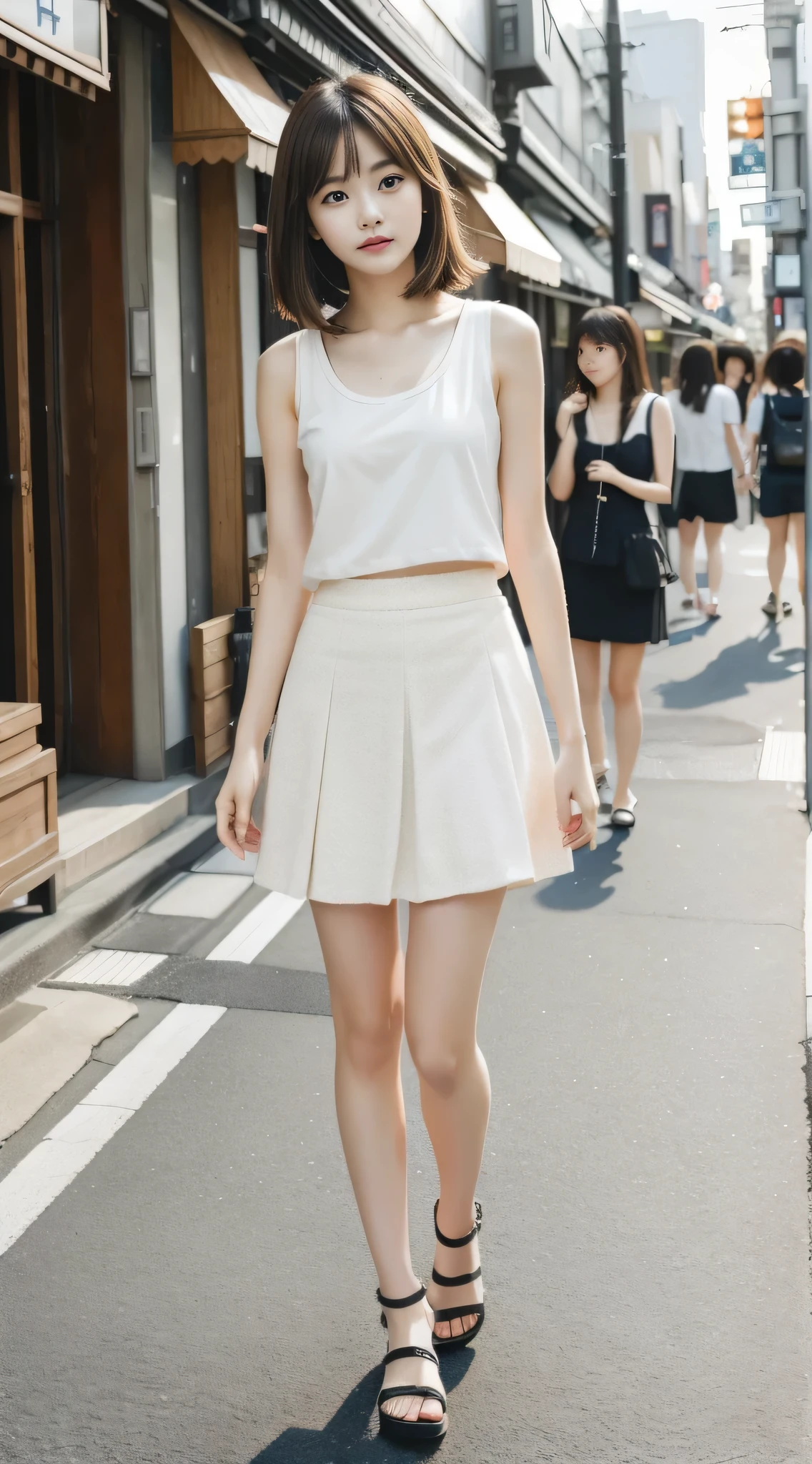One Girl、summer、Japan Streets、Short brown hair、Clear focus:1.2、Highly detailed face and skin texture、highest quality、8k、Whole Body Ezbian、Beautiful feet、pretty girl、Walking around the city、Realistic skin texture、high resolution、Tank top、Tight mini skirt、Beautiful feet、Sandals