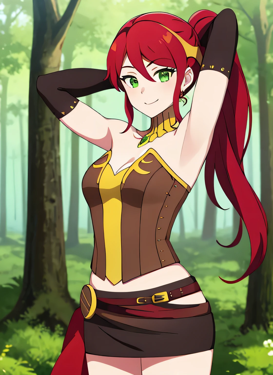 ((best quality)), ((highly detailed)), absurdres, (detailed eyes, deep eyes), (1girl), pyrrha nikos, rwby, red hair, ponytail, green eyes, medium breasts, smiling, circlet, bustier, bare shoulders, skirt, elbow gloves, bracers, solo, (cowboy shot:1.5), night sky, forest, arms behind head, contrapposto, shy smile, spread armpits, shy smile, looking at viewer,