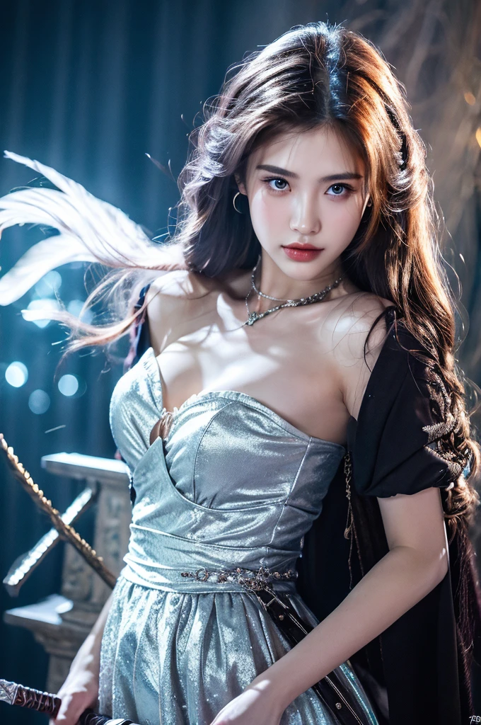 ( masterpiece, top quality, best quality,8k,17 years old girl,ultra detailed,raw photo:1.5),(photorealistic:1.4),(cinematic lighting), PerfectNwsjMajic, , Surrealism, UHD, ccurate, Super detail, textured skin, High detail, Best quality, dynamic angle, (high nose,White skin),[Beautiful blue eyes],[flat chest:large breasts:0.5],(1girl),(good anatomy:0.5)), of a woman in a dress with a sword, a beautiful fantasy empress, ((a beautiful fantasy empress)), beautiful fantasy maiden,snow
