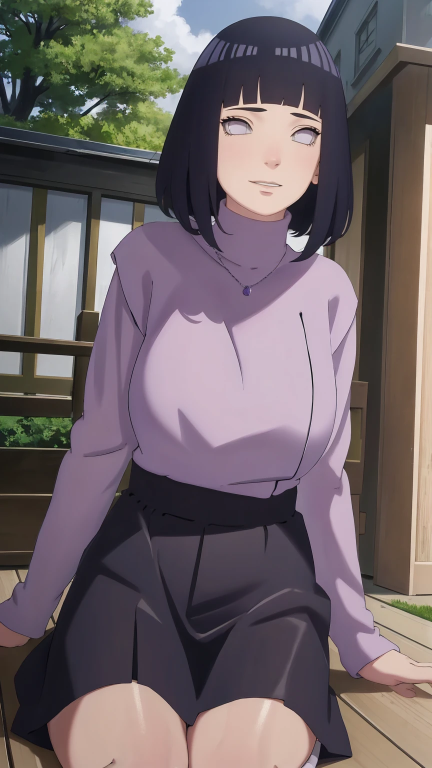 Meisterwerk, absurdres, Hinata\(Boruto\), 1girls, nur,reifes Weibchen, lila Kapuzenpullover,layered sleeves, braune Hose, al fresco,Lavendelblütenfeld, Blick auf den Betrachter, (falling petals), overcast sky, Perfekte Komposition, Detaillierte Lippen, large chest, Beautiful face, Body Propotion, flush, (rosa Lippen), Lange Haare, lila Augen, Sanfter Blick, sad smile, Super realistisch, Detailliert, Fotoshooting, Realistic face and body, Realistisches Haar, Realistische Augen, realistische Nase, Realistische Lippen, delicate smile, sitting