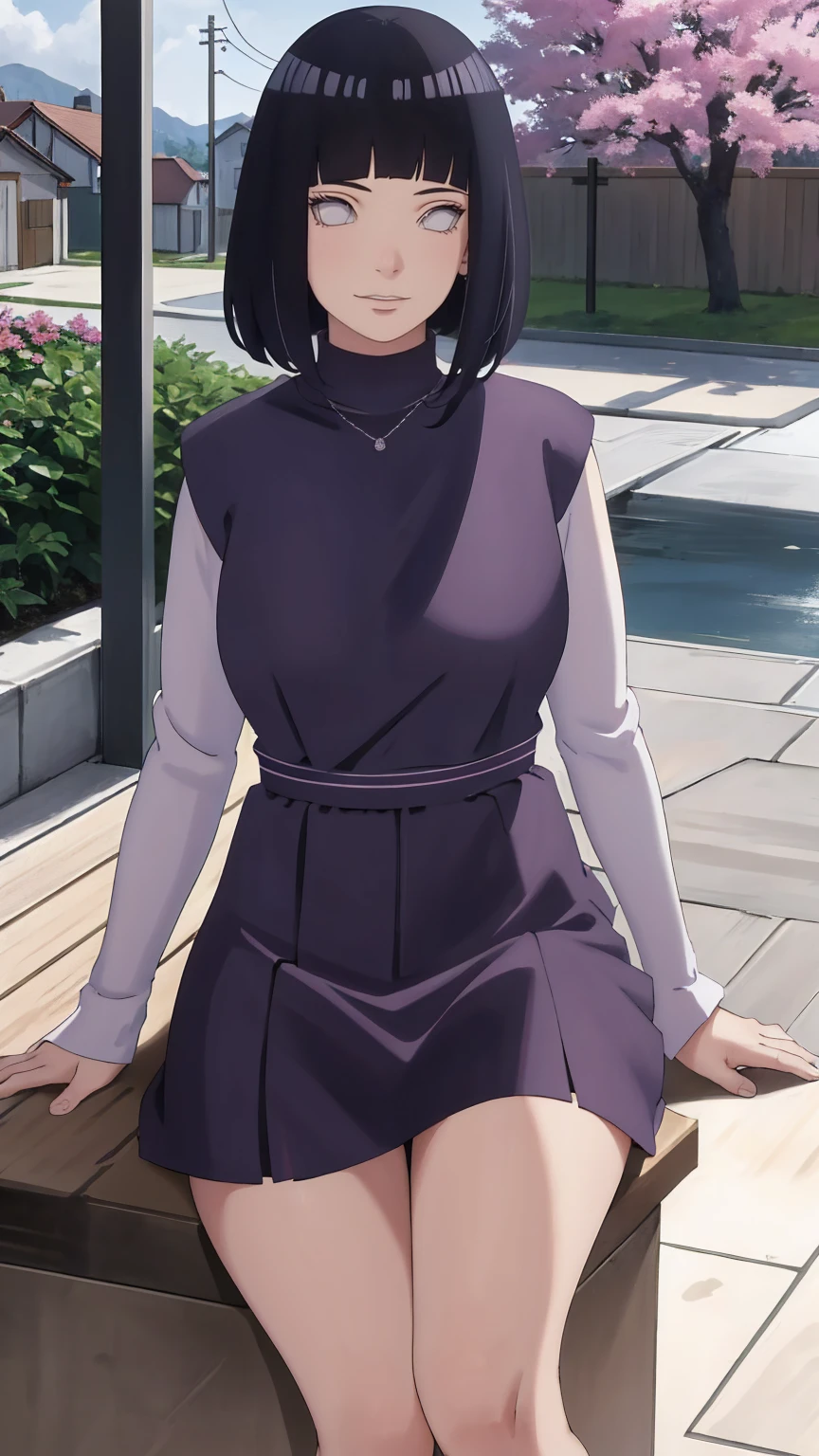 Meisterwerk, absurdres, Hinata\(Boruto\), 1girls, nur,reifes Weibchen, lila Kapuzenpullover,layered sleeves, braune Hose, al fresco,Lavendelblütenfeld, Blick auf den Betrachter, (falling petals), overcast sky, Perfekte Komposition, Detaillierte Lippen, large chest, Beautiful face, Body Propotion, flush, (rosa Lippen), Lange Haare, lila Augen, Sanfter Blick, sad smile, Super realistisch, Detailliert, Fotoshooting, Realistic face and body, Realistisches Haar, Realistische Augen, realistische Nase, Realistische Lippen, delicate smile, sitting