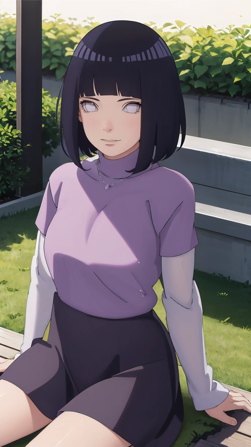 Meisterwerk, absurdres, Hinata\(Boruto\), 1girls, nur,reifes Weibchen, lila Kapuzenpullover,layered sleeves, braune Hose, al fresco,Lavendelblütenfeld, Blick auf den Betrachter, (falling petals), overcast sky, Perfekte Komposition, Detaillierte Lippen, large chest, Beautiful face, Body Propotion, flush, (rosa Lippen), Lange Haare, lila Augen, Sanfter Blick, sad smile, Super realistisch, Detailliert, Fotoshooting, Realistic face and body, Realistisches Haar, Realistische Augen, realistische Nase, Realistische Lippen, delicate smile, sitting