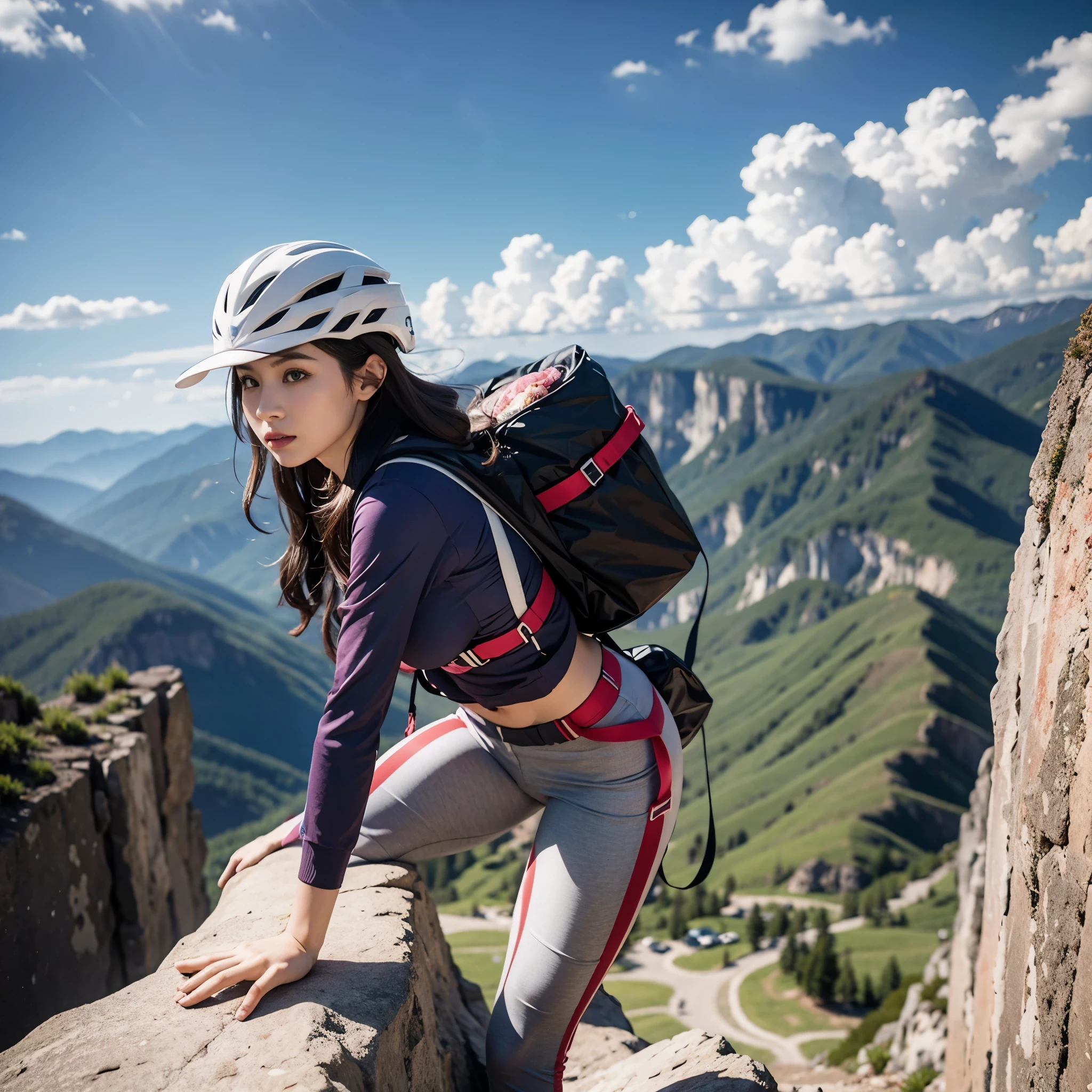 Mountain climbing, mountain trail, mountain climbing clothes, Japanese girl in her 20s, wiping sweat