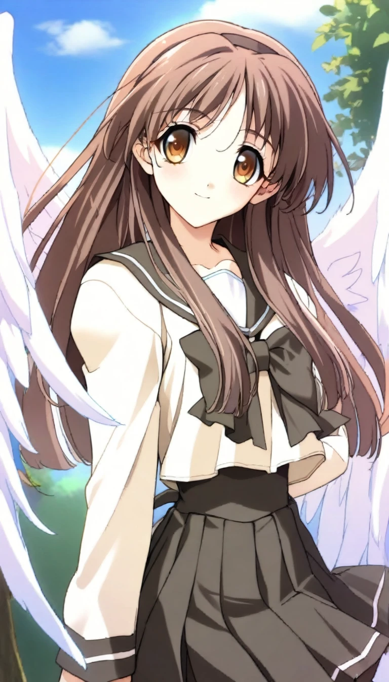 1girl,
lobelia \(saclia\),
ayaka, school uniform, angel wings, angelayaka, schoolayaka,solo, (close-up:1.2),cowboy shot,smile,looking at viewer,random background,
masterpiece, newest,best quality, very aesthetic, absurdres, safe,mid