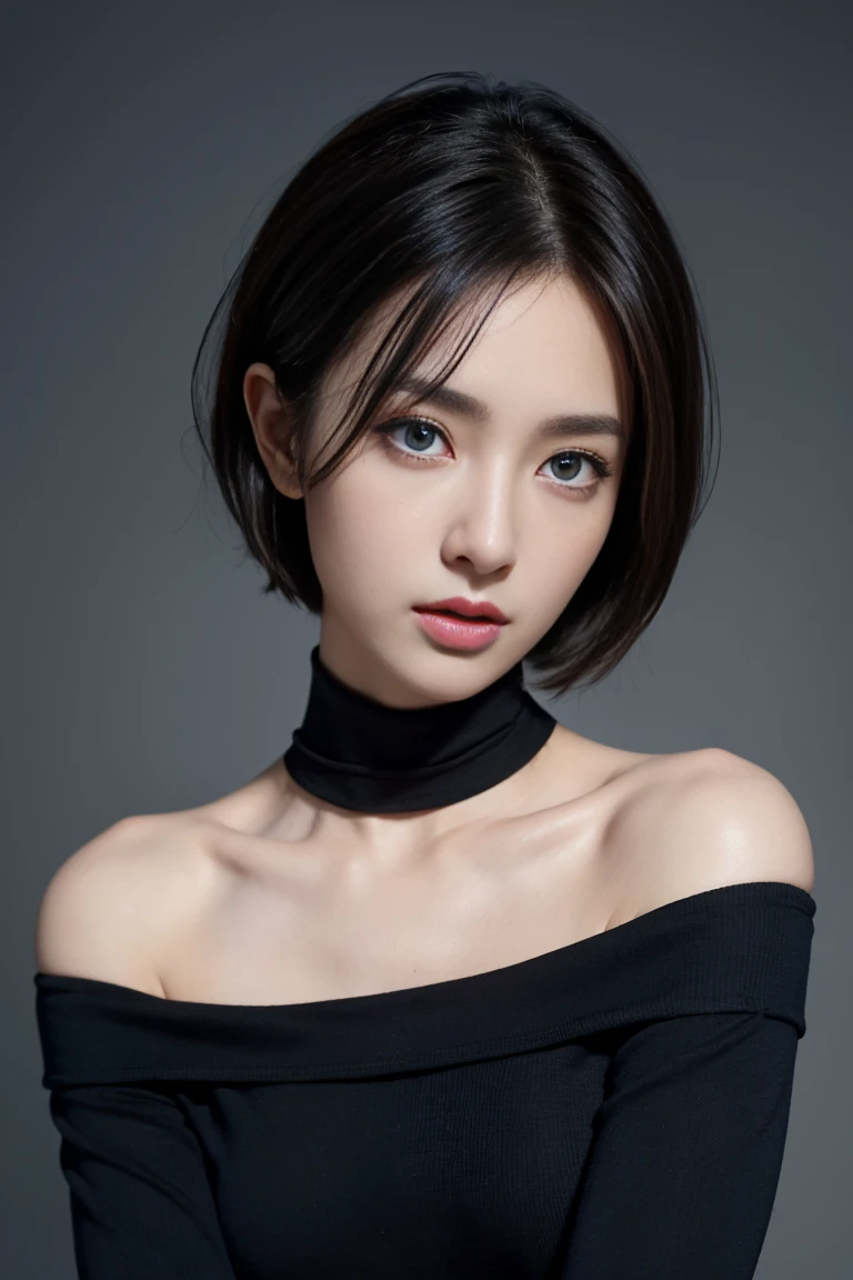 black tight shirt:1.2, looking at the audience, movie light, perfect, soft light, high definition skin:1.2, realistic skin texture, 30 year old woman、small face、, off shoulder, The rift revealed, blue eyes, short hair,dark brown hair、Bust Cup B、small breasts、naked、gray background