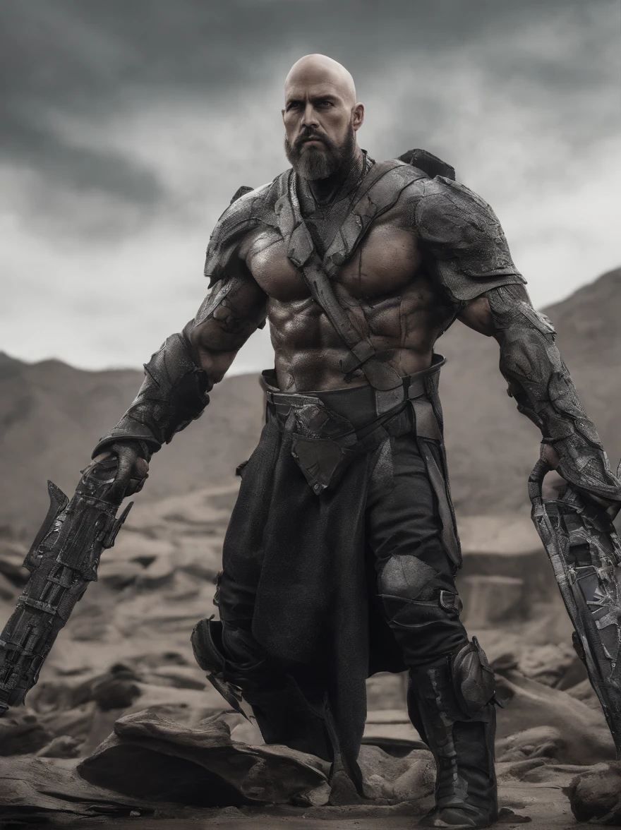 massive 8 feet tall muscled bald hairless mutated semi-orc-troglodyte like human with cracked desiccated skin he has a few large organic spike protrusions made of his desiccated skin on his arms and back, ready for battle to crush his prey, (masterpiece) ( 8K resolution) low light, monotone muted colors, wide angle lens perspective distortion shallow depth of focus ultra high quality photography best quality, ultra photo realistic, ((shallow depth of field focus)) ultra high quality photography best quality, scary
