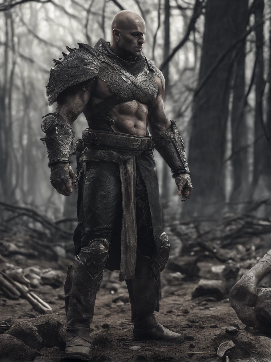 massive 8 feet tall muscled bald hairless mutated semi-orc-troglodyte like human with cracked desiccated skin he has a few large organic spike protrusions made of his desiccated skin on his arms and back, ready for battle to crush his prey, (masterpiece) ( 8K resolution) low light, monotone muted colors, wide angle lens perspective distortion shallow depth of focus ultra high quality photography best quality, ultra photo realistic, ((shallow depth of field focus)) ultra high quality photography best quality, scary