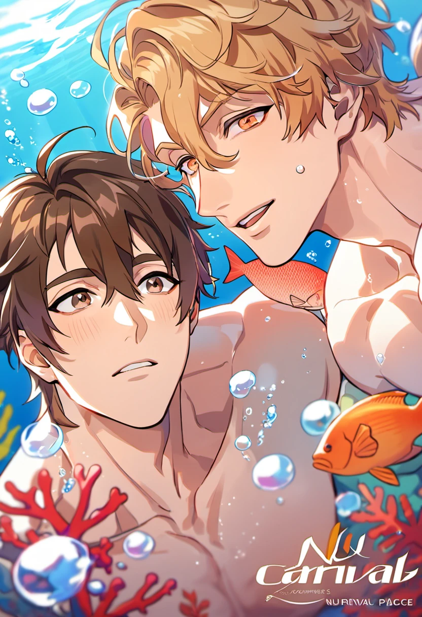 absurdres, highres, ultra detailed, HDR, master piece, best quality, Eiden, brown hair, expressive brown eyes, Nu Carnival, Quincy, blond messy hair, expressive orange eyes, two men together, sexy gay couple, handsome, lewd, horny, black hat, fantasy black pirate clothes, accessories, showing the chest, underwater, coral, fish, bubbles
