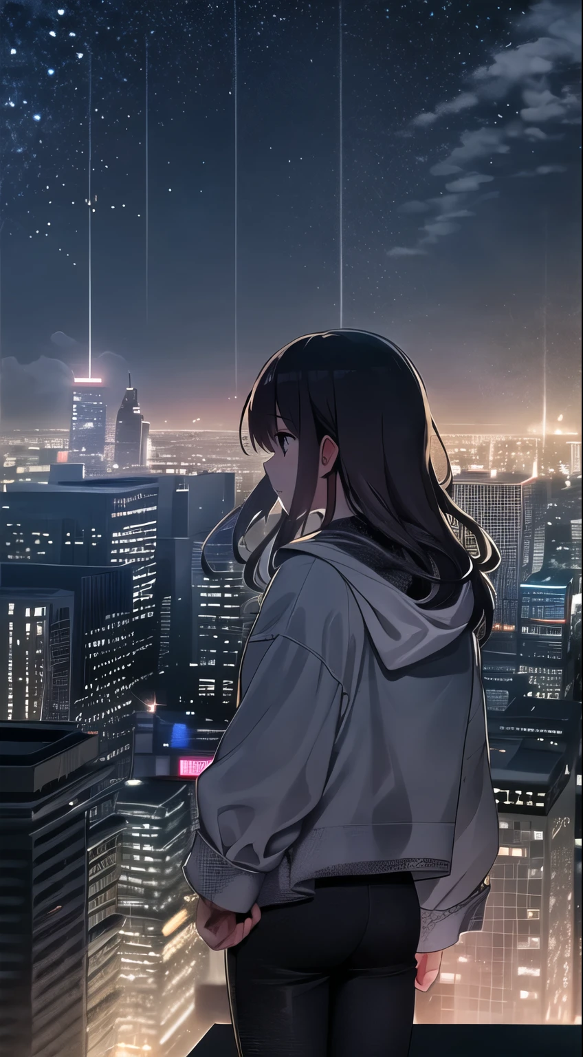 On the roof of a high-rise apartment building in the city、Young girl standing in the wind。Her gaze stared into the distance.、My heart is full of dreams and sorrow.。The lights from the surrounding buildings illuminated her silhouette..、It was as if she herself had become a part of the city.
