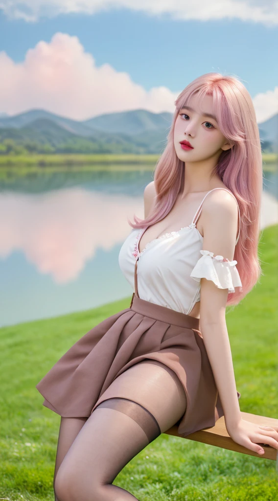 Raw, 1girl, Solitary, rich and colorful, (masterpiece, best quality:1.3), (absurd:1.3),  (Reality:1.3),  (Delicate skin:1.3, Delicate face:1.3), sitting, Looking at the audience, 
Sharp focus, Beautifully, (beautiful and cute korean_girl:1.3), (ulzzang-6500:0.2),
((巨Large target乳房、Cleavage, cleveage、Big Ass、Thick thighs)), Perfect body、,
(有luster的皮肤:1.4), A faint smile, 
(Black_Very_long_Double tail:1.3),(Large target_Eye:1.2, Brown_Eye), (Brown_luster_Eyehadow:1.2), Pink_Lips,
White ruffled shirt, light brown_suspender skirt / Black_Pantyhose, 
willow, Bench, flower, Grass, lake, (partly cloudy:1.3), (rain:0.5), Pink hair, Red Skirt