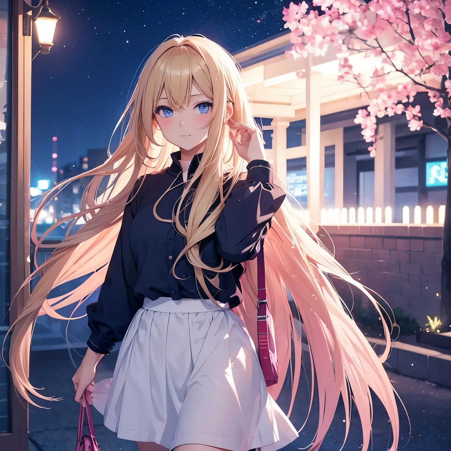 Anime girl with long blonde hair and dark blue eyes. She is wearing a pink shirt and white skirt. She is in love with you, getting ready to say goodbye. Nighttime