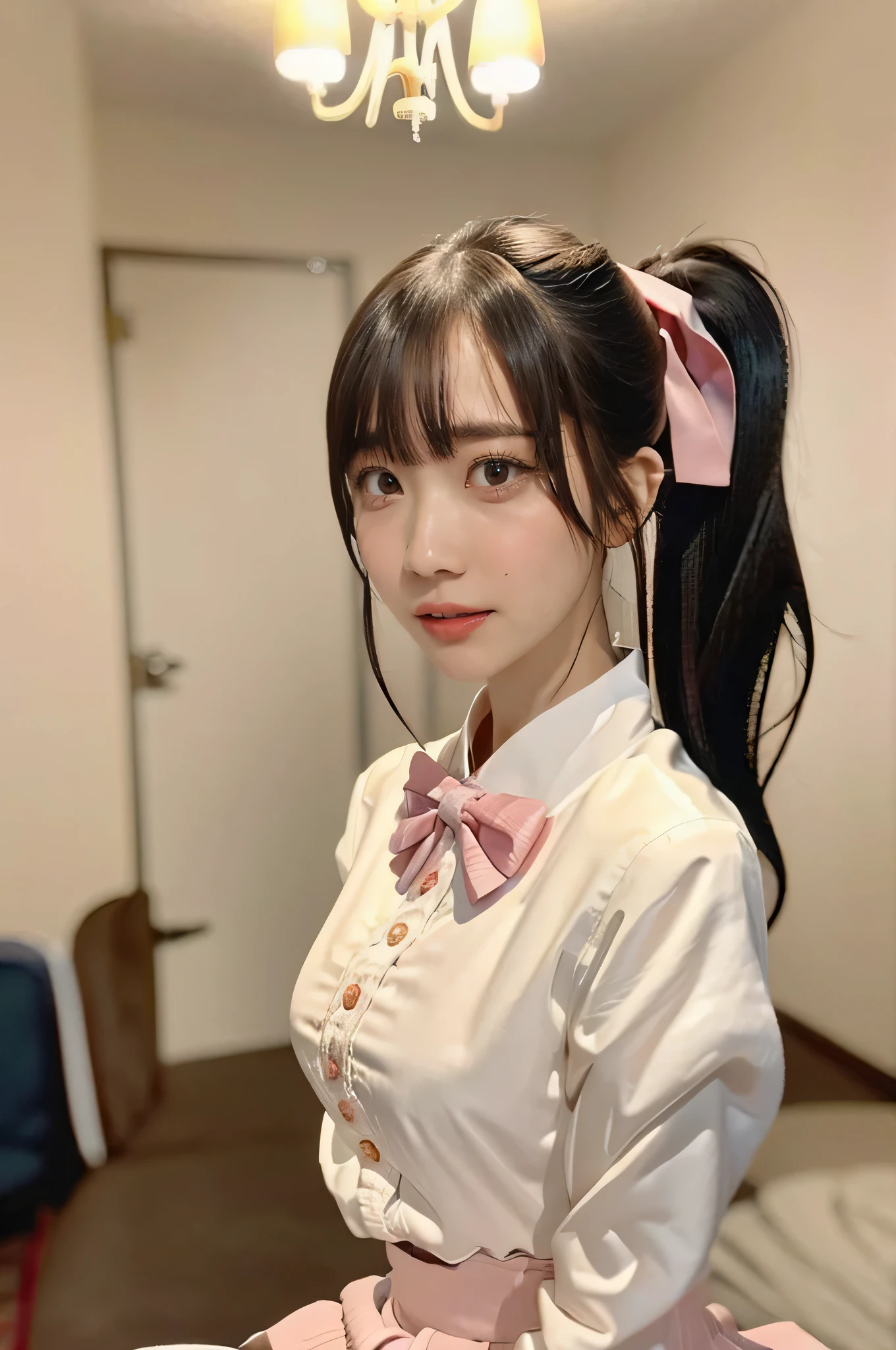 (8k, RAW Photos, highest quality, From below:1.2, masterpiece:1.2, Genuineistic, Ultra-high resolution, High Contrast, Photon Mapping, Genuine, Very detailed, Official Art, RAW Photos, Chic Light, Dim atmosphere, High-definition CG, Unity 8K, ((highest quality, 8k, masterpiece: 1.3)), Stylish, Chandelier Light), Very detailed, where(Anna Millers), when(night), Who:(Anna Millersウエイトレス),( Brown ponytail, Pink Ribbon Hair Clip, Stylish maid outfit, Pink bow tie, Stylish white lace patterned blouse, Pleated skirt), what( Posing happily and attractively),