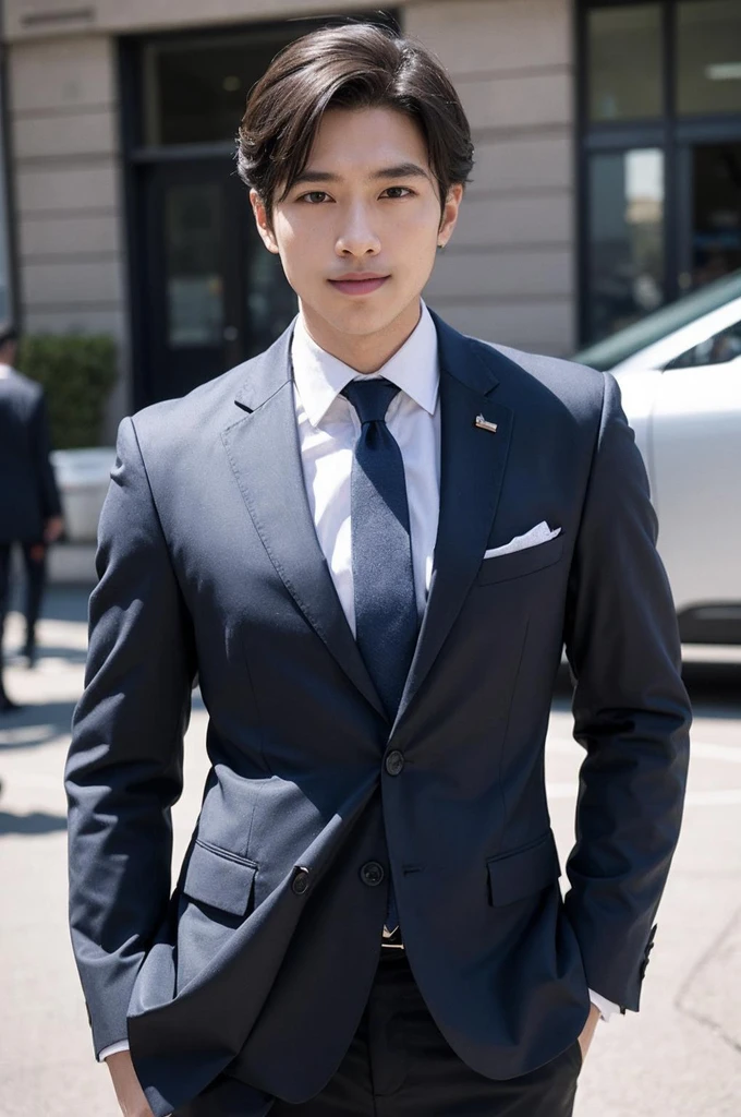 ( Smile and comfortable )arafed man in a Set and tie standing in front of a building, Who is Shi Yu?, wearing business Set, with a business Set on, he is wearing a Set, wearing a business Set, Set ， Perfect face, Junyi, jinyoung shin, Korean male, well dressed, in a Set, wearing dark blue Set, business Set