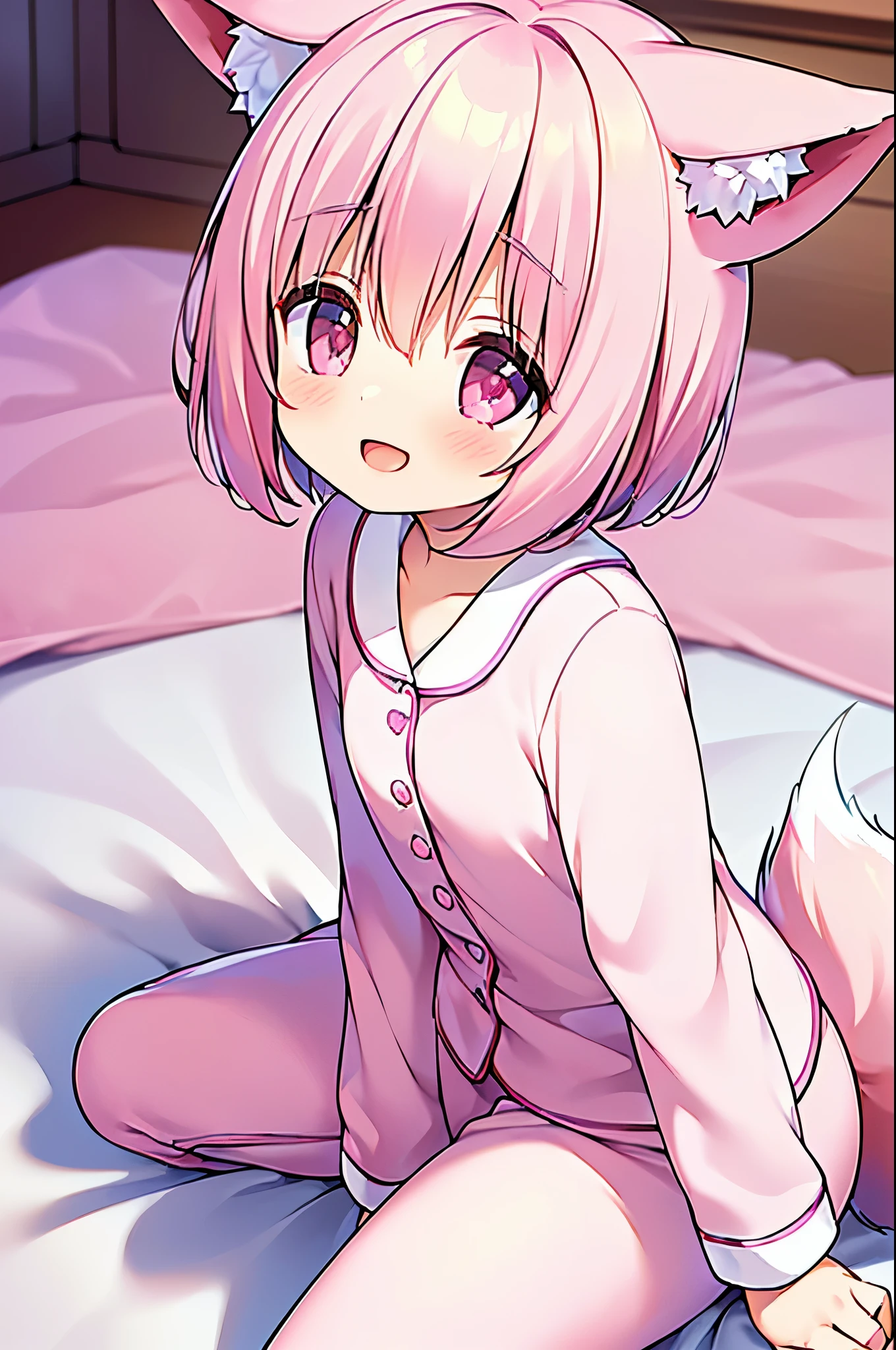 (((masterpiece))), (((最high quality))), (((high quality))), (((beautiful))), (((8K))), (((High resolution)) (((超High resolution))), (((High resolution))), (((Transcendent Technique Illustration))), (Pink Short Hair:1.3), (Pink fox tail:1.4), (Pink fox tail:1.2), Pink fox ears, (Pink Eyes), Small breasts, (Cowboy Shot:1.3), (laughing:1.3), (bedroom), (Pink long sleeve pajamas:1.2), (Long pants in pajamas:1.2), (Sitting on a white bed:1.3), (look up:1.4), (Leaning forward:1.5)