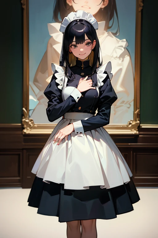 (Highest Resolution, clear_image) highest quality, Single person, One Woman, alone, masterpiece, Very detailed, Semi-realistic, Black Hairのショートヘア, Black Hair, bangs, 18-year-old, mature, light blue uniform, uniform, Indoor Background, kind, Authoritative, powerful, exquisite features, exquisite features、Eyelashes become longer、Showing teeth、smile😀、Maid clothes、Touching hair
