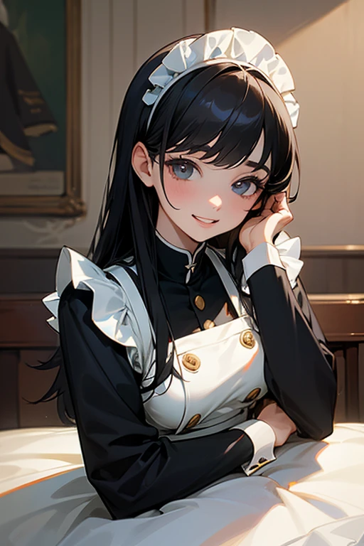 (Highest Resolution, clear_image) highest quality, Single person, One Woman, alone, masterpiece, Very detailed, Semi-realistic, Black Hairのショートヘア, Black Hair, bangs, 18-year-old, mature, light blue uniform, uniform, Indoor Background, kind, Authoritative, powerful, exquisite features, exquisite features、Eyelashes become longer、Showing teeth、smile😀、Maid clothes、Touching hair