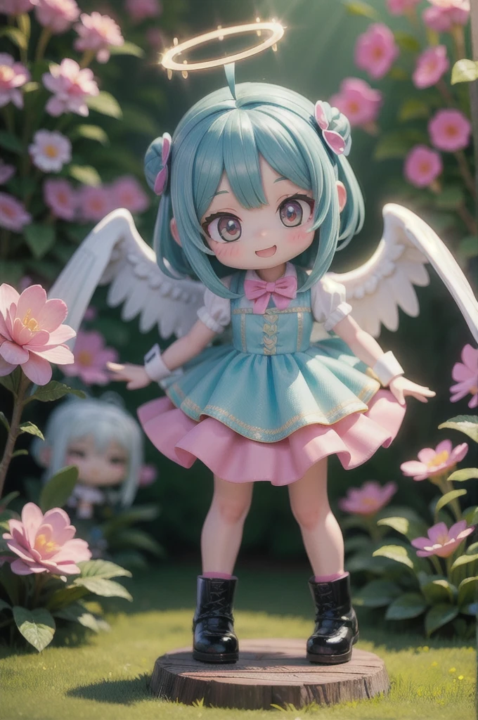 (photorealistic),multiple girls,(girls is angel),((girls with angel's wing,angel halo floats above her head),Angel girls with various hairstyles and haircolors, (nendoroid figure), miniatures,illustration,metal platform boots,very happy smile,mouth open,fluttering skirt,strong wind,whole body,(in garden),dynamic pose,three-dimensional,octane rendering,Perfect face,Collagen texture((flowing hair))