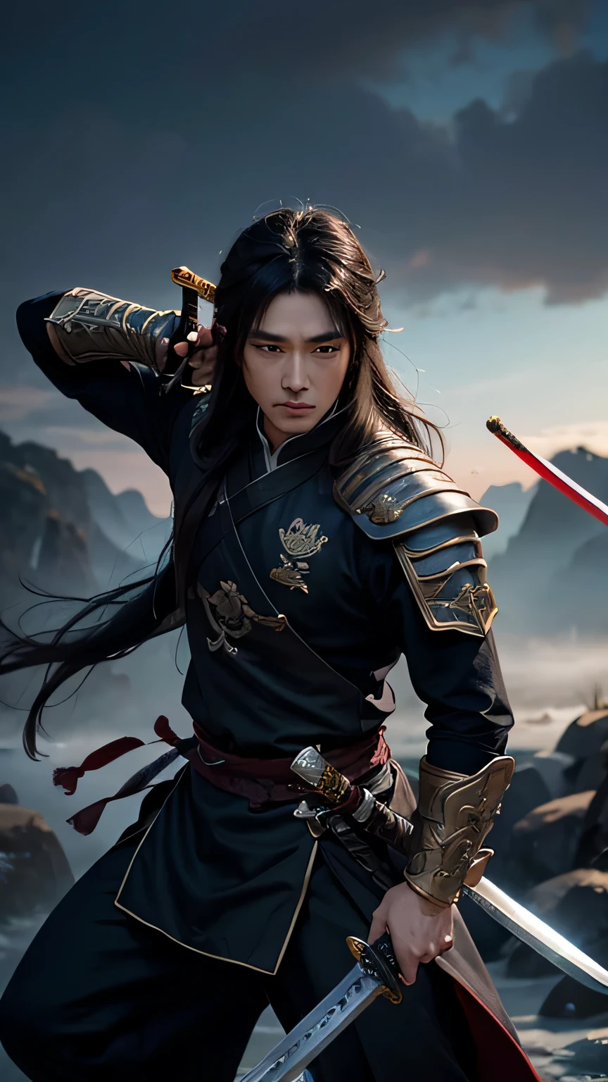 A man dressed in black、Man with a sword, ((((Holding a long sword))))，heise jinyao, zhao yun, xianxia hero, Full body martial arts, bian lian, guan yu, inspired by Guan Daosheng, Inspired by Huang Shen, Inspired by Zhao Yuan, Inspired by Hong Ren, hua cheng, With a big sword, photo of adult male warrior