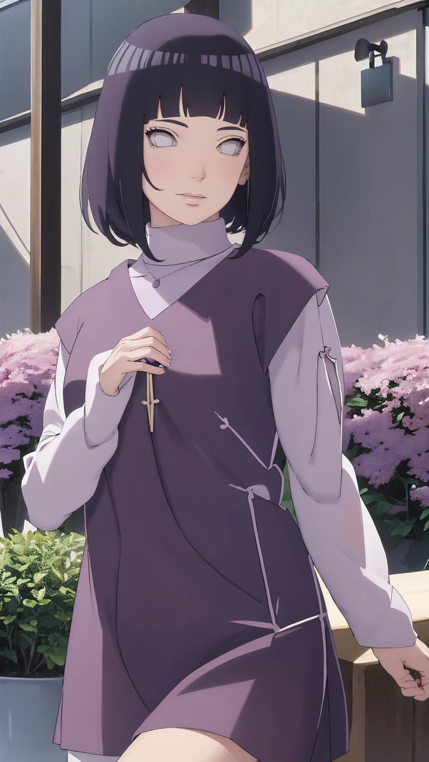 Meisterwerk, absurdres, Hinata\(Boruto\), 1girls, nur,reifes Weibchen, lila Kapuzenpullover,layered sleeves, braune Hose, al fresco,Lavendelblütenfeld, Blick auf den Betrachter, (falling petals), overcast sky, Perfekte Komposition, Detaillierte Lippen, large chest, Beautiful face, Body Propotion, flush, (rosa Lippen), Lange Haare, lila Augen, Sanfter Blick, sad smile, Super realistisch, Detailliert, Fotoshooting, Realistic face and body, Realistisches Haar, Realistische Augen, realistische Nase, Realistische Lippen, delicated smile