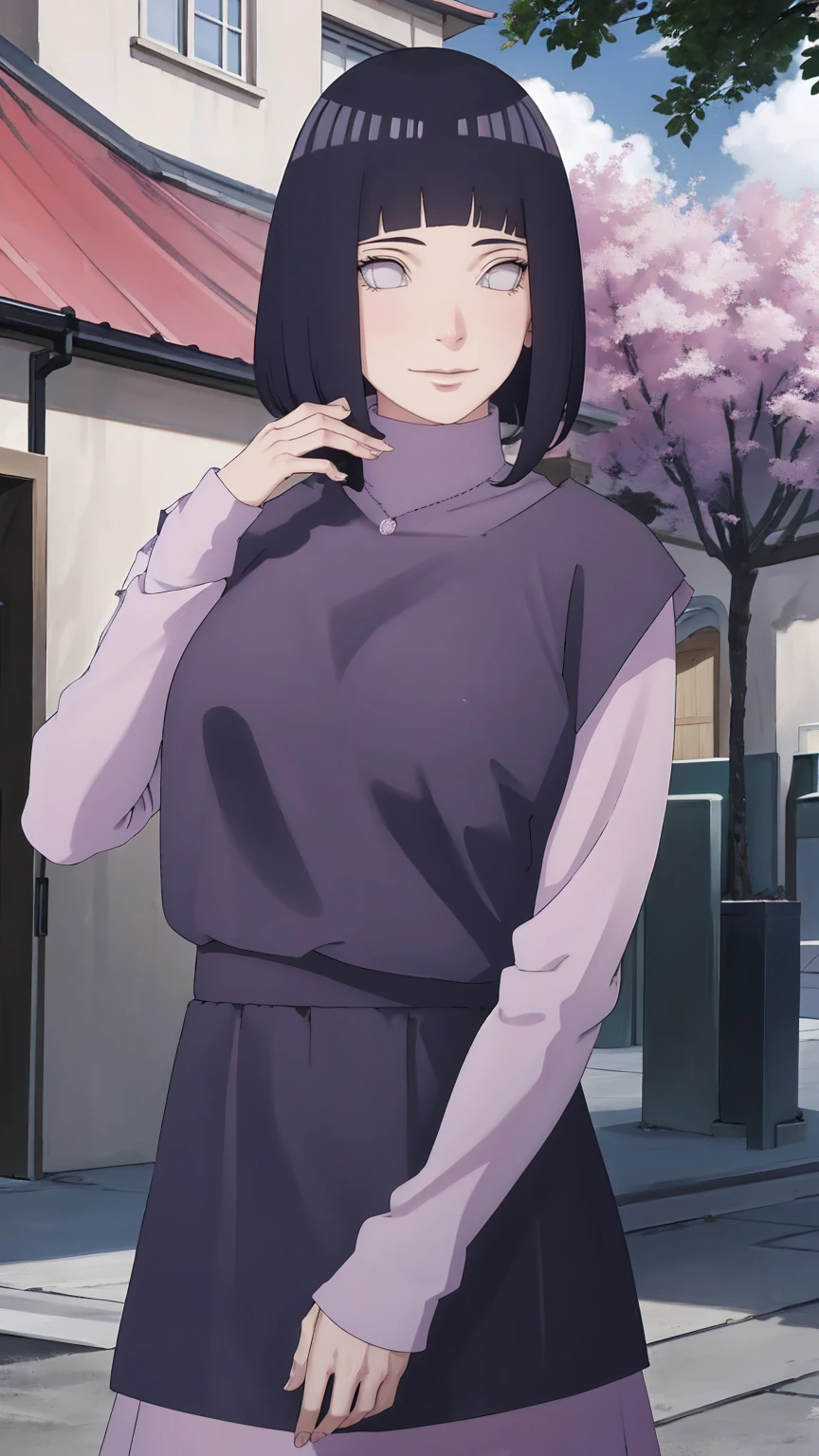 Meisterwerk, absurdres, Hinata\(Boruto\), 1girls, nur,reifes Weibchen, lila Kapuzenpullover,layered sleeves, braune Hose, al fresco,Lavendelblütenfeld, Blick auf den Betrachter, (falling petals), overcast sky, Perfekte Komposition, Detaillierte Lippen, large chest, Beautiful face, Body Propotion, flush, (rosa Lippen), Lange Haare, lila Augen, Sanfter Blick, sad smile, Super realistisch, Detailliert, Fotoshooting, Realistic face and body, Realistisches Haar, Realistische Augen, realistische Nase, Realistische Lippen, delicated smile