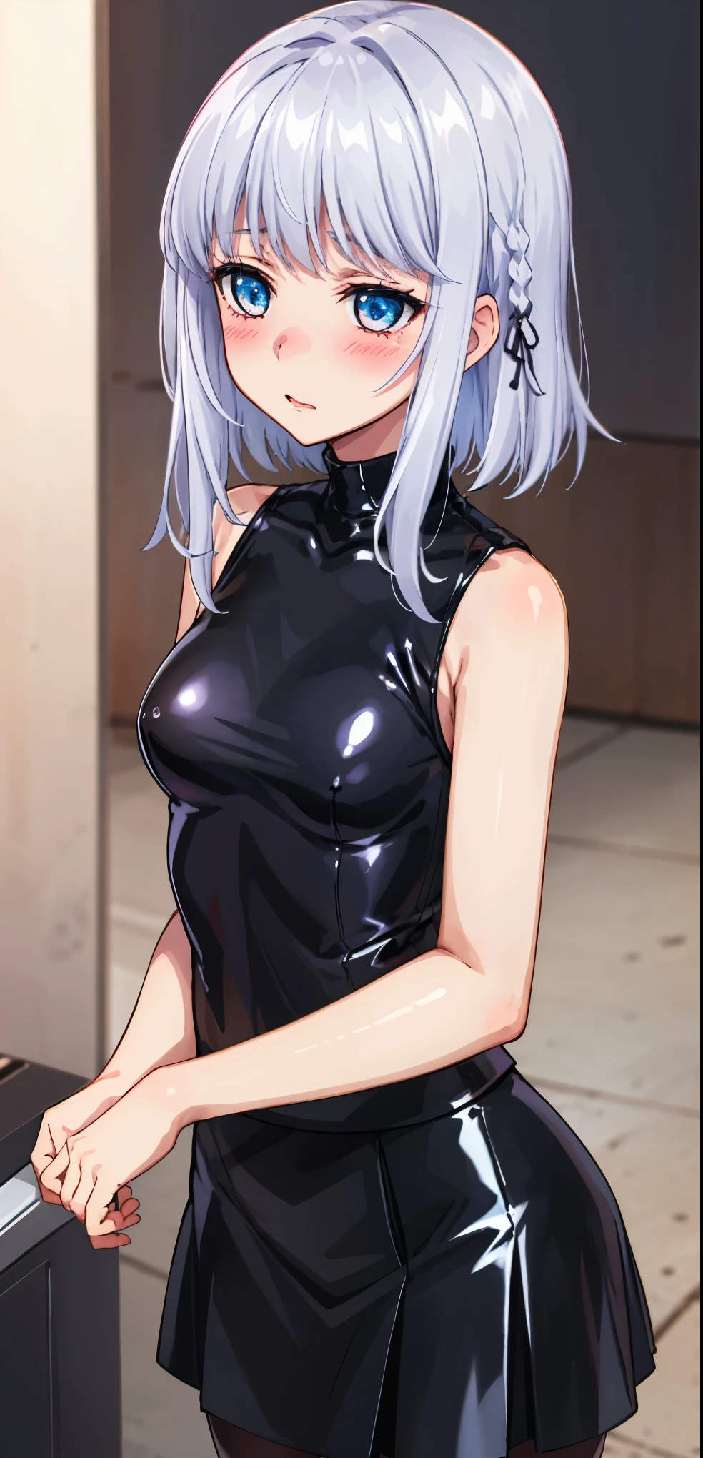 1 girl, kanon kanase, blush, medium breasts, sleeveless, black latex shirt,  black latex skirt, cowboy shot, 20-year-old, healthy skin, blushed, silver hair. 