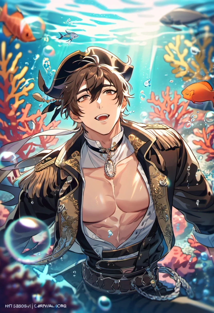 absurdres, highres, ultra detailed, HDR, master piece, best quality, Eiden, brown hair, expressive brown eyes, Nu Carnival, solo, sexy man, handsome, black hat, fantasy black pirate clothes, accessories, showing the chest, underwater, coral, fish, bubbles