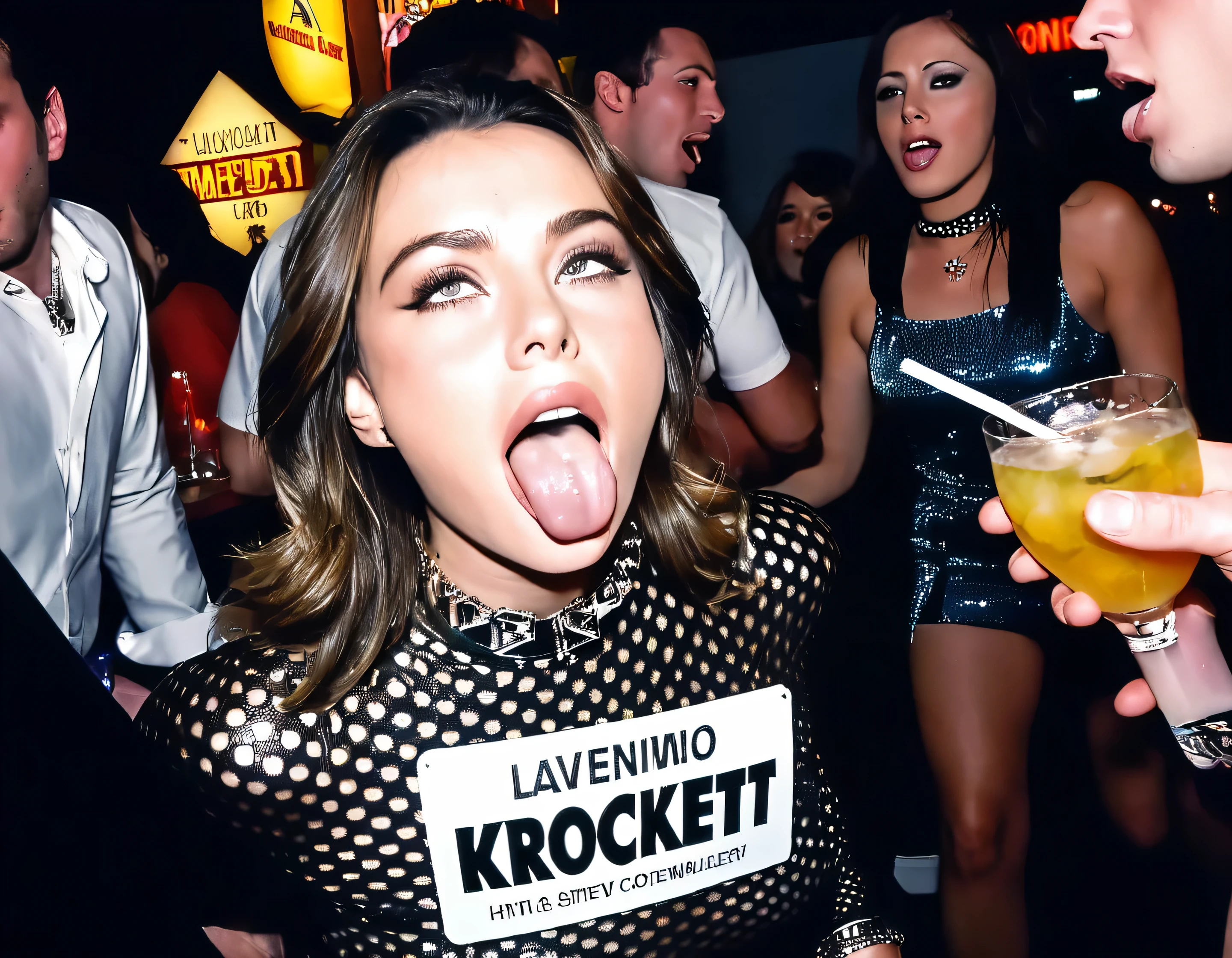 close up photo of [Elizabeth-Taylor|Audrey-Hepburn|Elizabeth-Hurley] tongue out ahegao holding sign that says ("KROCKETT":1.2) long-thick-hair (detailed-eyes:.9) choker (kneeling) at a (cocktail-party:1.12) (nighttime) [slut-makeup] sexy cinematic detailed highres analog photo film grain high-saturation happy ((silver))