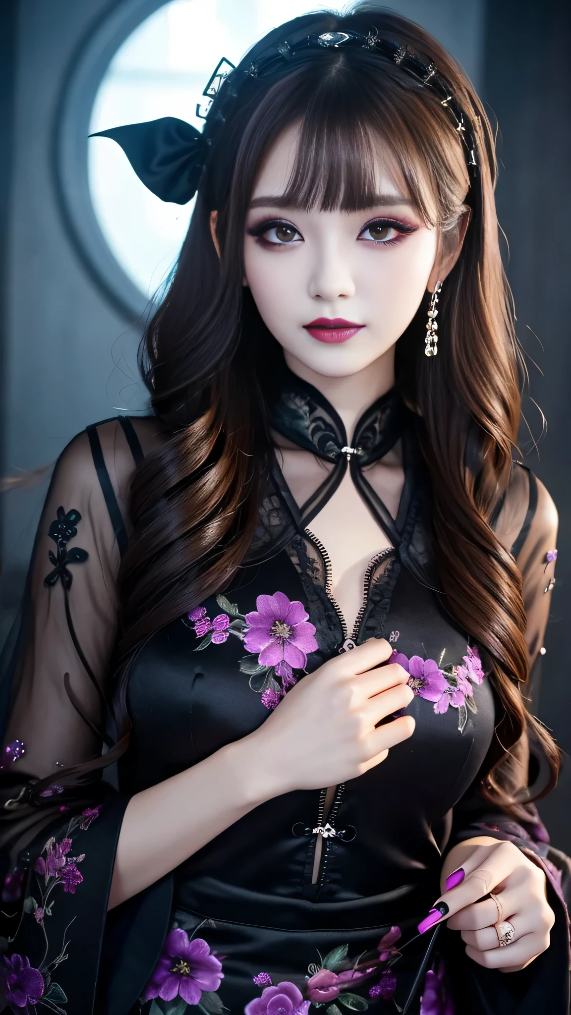 2girls、best quality、ultra-detailed、4k、Japanese、Seductive beauty、seductive adult woman、Pretty Woman、cool girl、Villainess、Brainwashed、brainwash、Fallen into evil、smirk、Evil look、Wicked Smile、evil、Brown hair、wavy hair、swept bangs、dark makeup、dark makeup、piercing eyes、hollow eyes,half-closed eyes、Hollow Eyes、Purple Eyeshadow、black lipstick、black lipgloole around the mouth、Long Black Cheongsam、Wide sleeves、night、Eerie Citadel、makeup brush、Make up、Are standing、