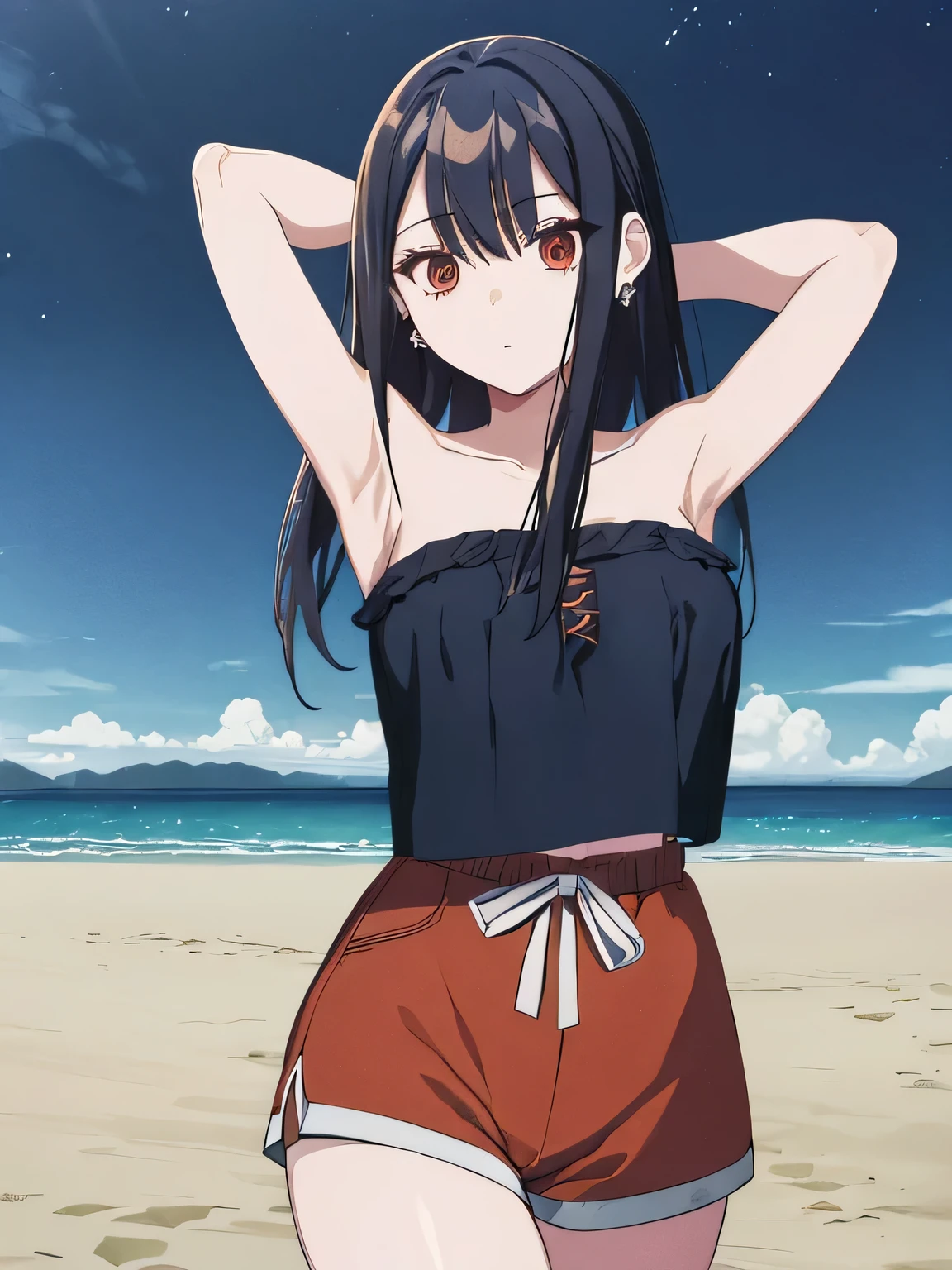 ,(masterpiece), (best quality), (ultra-detailed), (best illustration), (best shadow), (absurdres), 1girl, solo, Chihara, 1girl, solo, black hair, shorts, long hair, looking at viewer, black shorts, arms behind head, contrapposto, spread armpit, camisole, red eyes, breasts, earrings, short shorts, (cowboy shot:1.5), beach, night sky,