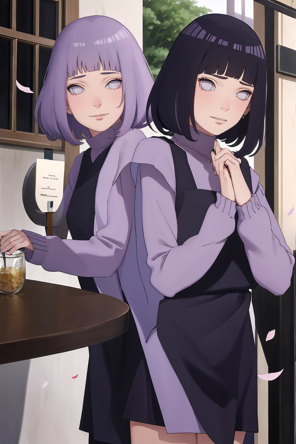 Meisterwerk, absurdres, Hinata\(Boruto\), 1girls, nur,reifes Weibchen, lila Kapuzenpullover,layered sleeves, braune Hose, al fresco,Lavendelblütenfeld, Blick auf den Betrachter, (falling petals), overcast sky, Perfekte Komposition, Detaillierte Lippen, large chest, Beautiful face, Body Propotion, flush, (rosa Lippen), Lange Haare, lila Augen, Sanfter Blick, sad smile, Super realistisch, Detailliert, Fotoshooting, Realistic face and body, Realistisches Haar, Realistische Augen, realistische Nase, Realistische Lippen