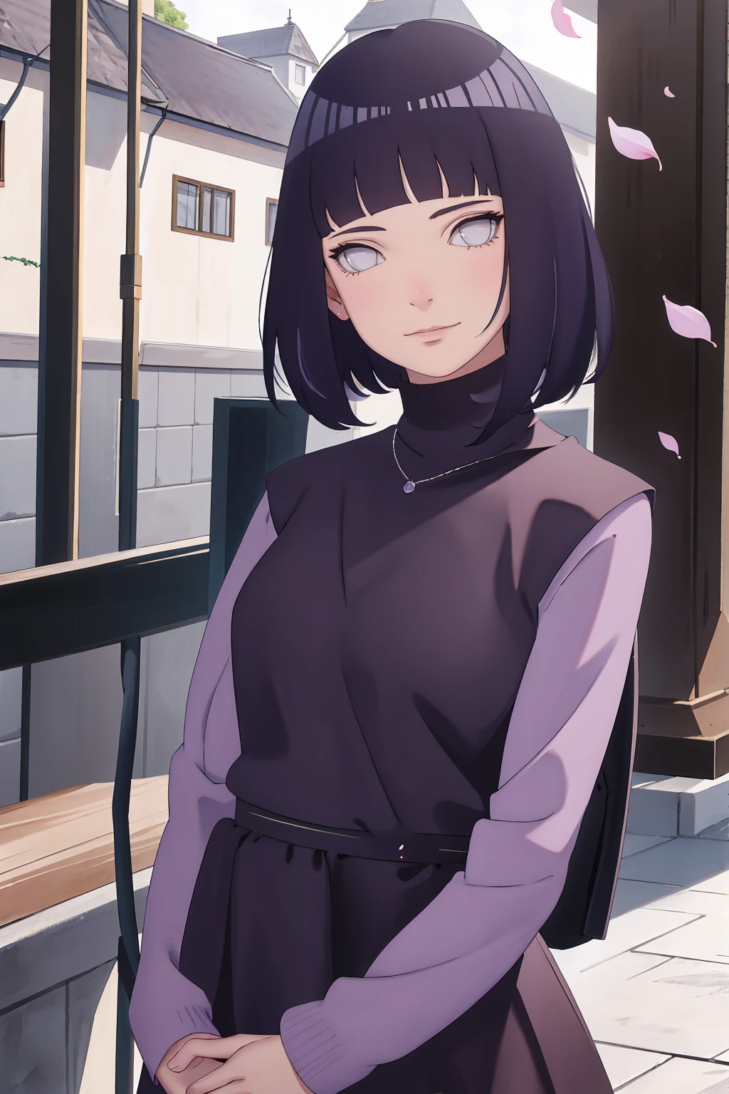 Meisterwerk, absurdres, Hinata\(Boruto\), 1girls, nur,reifes Weibchen, lila Kapuzenpullover,layered sleeves, braune Hose, al fresco,Lavendelblütenfeld, Blick auf den Betrachter, (falling petals), overcast sky, Perfekte Komposition, Detaillierte Lippen, large chest, Beautiful face, Body Propotion, flush, (rosa Lippen), Lange Haare, lila Augen, Sanfter Blick, sad smile, Super realistisch, Detailliert, Fotoshooting, Realistic face and body, Realistisches Haar, Realistische Augen, realistische Nase, Realistische Lippen