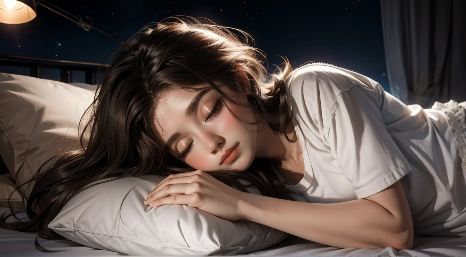 Sleeping teenage girl posing lying on white bed, put your head on the pillow, Dark night sky in mountain cave, rotation of light, lamp rotation, 22 years old, Ultra-realistic, She is wearing pajamas, brown hair. Perfect hands and perfect fingers. Perfect details for caravan trucks