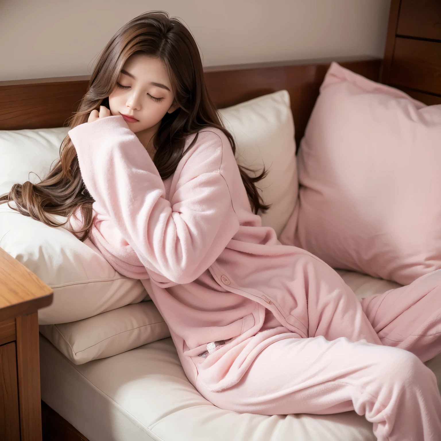 Sleeping girl, 22 years old, realistic, she is wearing long pants, she is wearing pink pajama, brown hair.