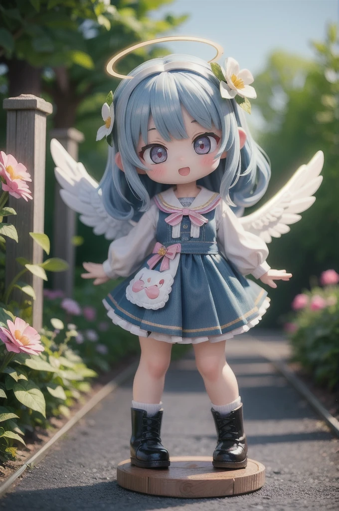 (masterpiece, highest quality, Highest image quality,photorealistic, Raw photo),multiple girls,(girls is angel),((girls with angel's wing,angel halo floats above her head),Angel girls with various hairstyles and haircolors, (nendoroid figure), miniatures,illustration,metal platform boots,very happy smile,mouth open,fluttering skirt,strong wind,whole body,(in garden),dynamic pose,three-dimensional,octane rendering,Perfect face,Collagen texture((flowing hair))