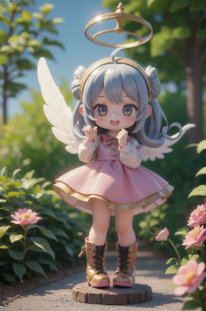 (masterpiece, highest quality, Highest image quality,photorealistic, Raw photo),multiple girls,(girls is angel),((girls with angel's wing,angel halo floats above her head),Angel girls with various hairstyles and haircolors, (nendoroid figure), miniatures,illustration,metal platform boots,very happy smile,mouth open,fluttering skirt,strong wind,whole body,(in garden),dynamic pose,three-dimensional,octane rendering,Perfect face,Collagen texture((flowing hair))