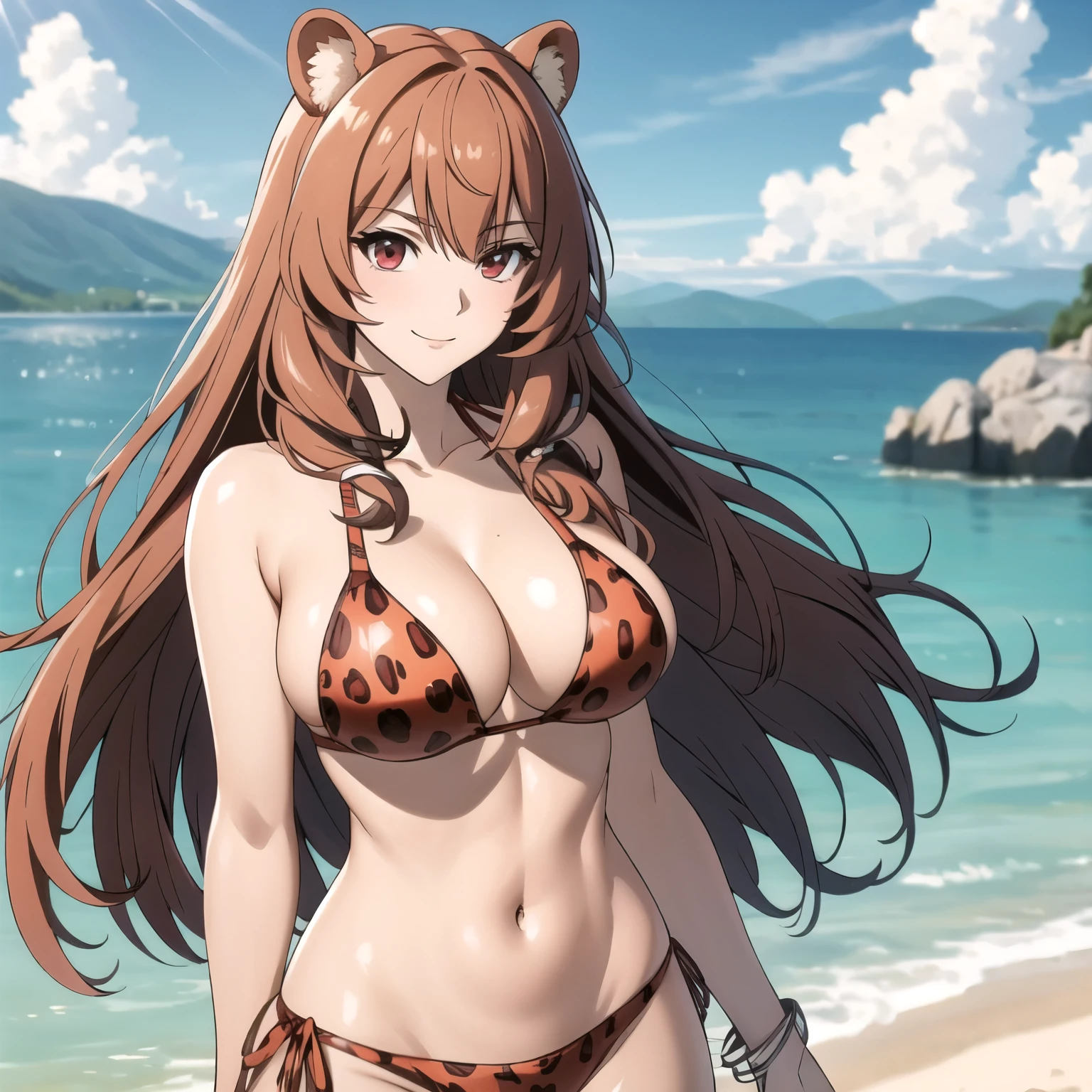 Raphtalia, atractiva mujer. orejas de oso, cabello naranja  brillante, red eyes like rubies, pechos grandes, red leopard print bikini, accesorios, sonrisa, pechos grandes, alta calidad. fondo un lago.  bikini rojo, una sola mujer. cabello corto. cabello muy corto.