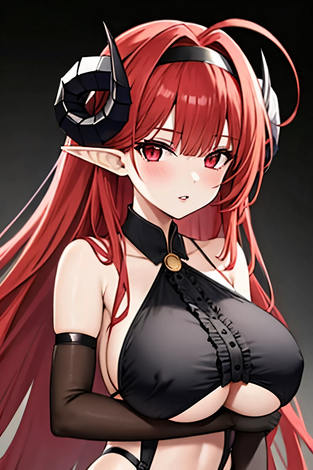 1girl, pointy ears, horns, solo, red hair, long hair, red eyes, bare shoulders, looking at viewer, huge breasts, gloves, elbow gloves, ahoge, hairband, black gloves, underboob, upper body, demon girl, hair intakes, very long hair, frills, slit pupils, parted lips,(shiny skin),(mature female:1.2),hindenburg \(azur lane\),