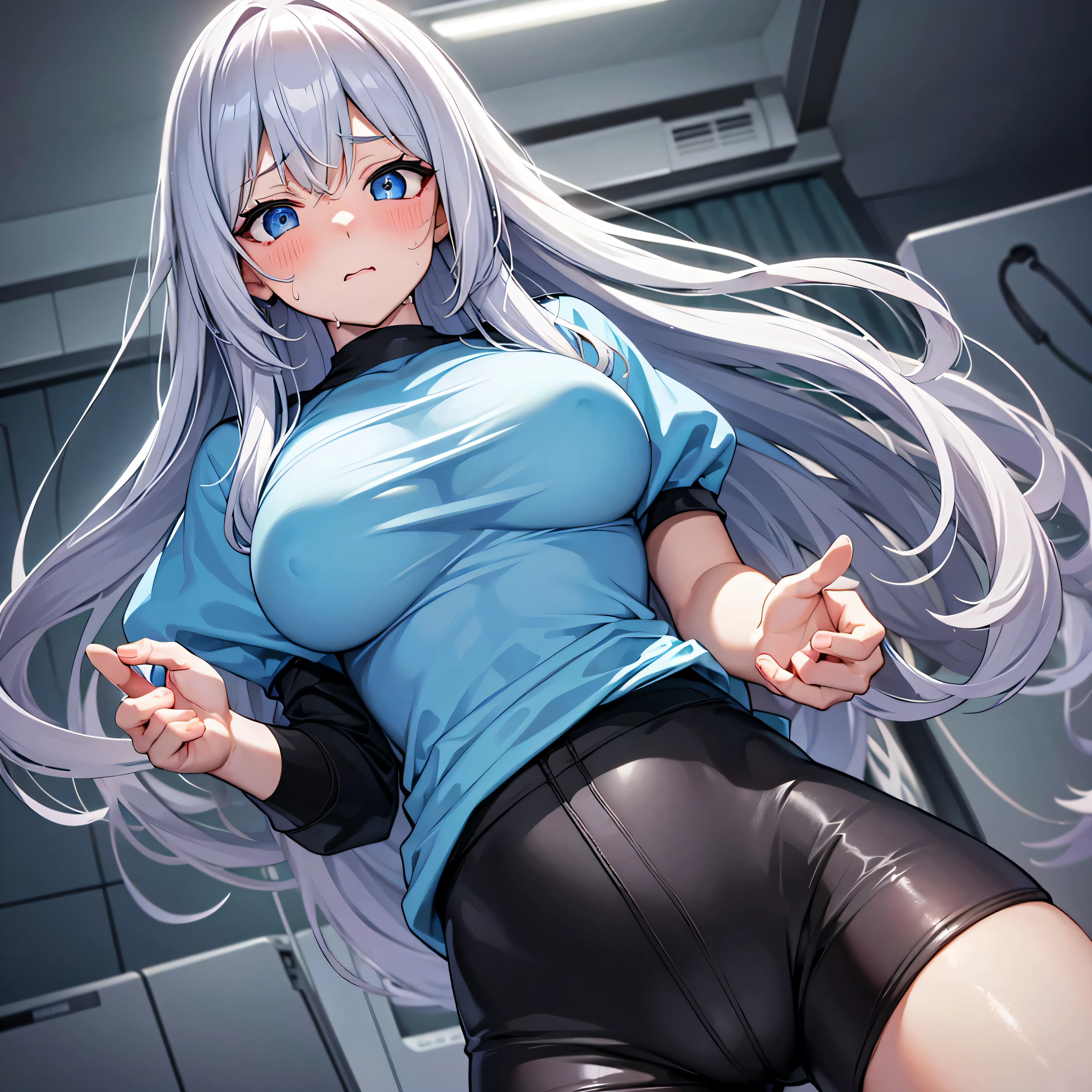 1Women from people、1people、Upper Body、highest quality, 32k, Delicate texture, Beautiful Blue Eyes, 23 years old, Condescending eyes ,Compression shirt soaked with sweat, Big Breasts, Black shorts, blush, Drooling,body fluid,indoor,workplace, night,Gray Hair、Long hair straight,Angle from below、Embarrassed face,