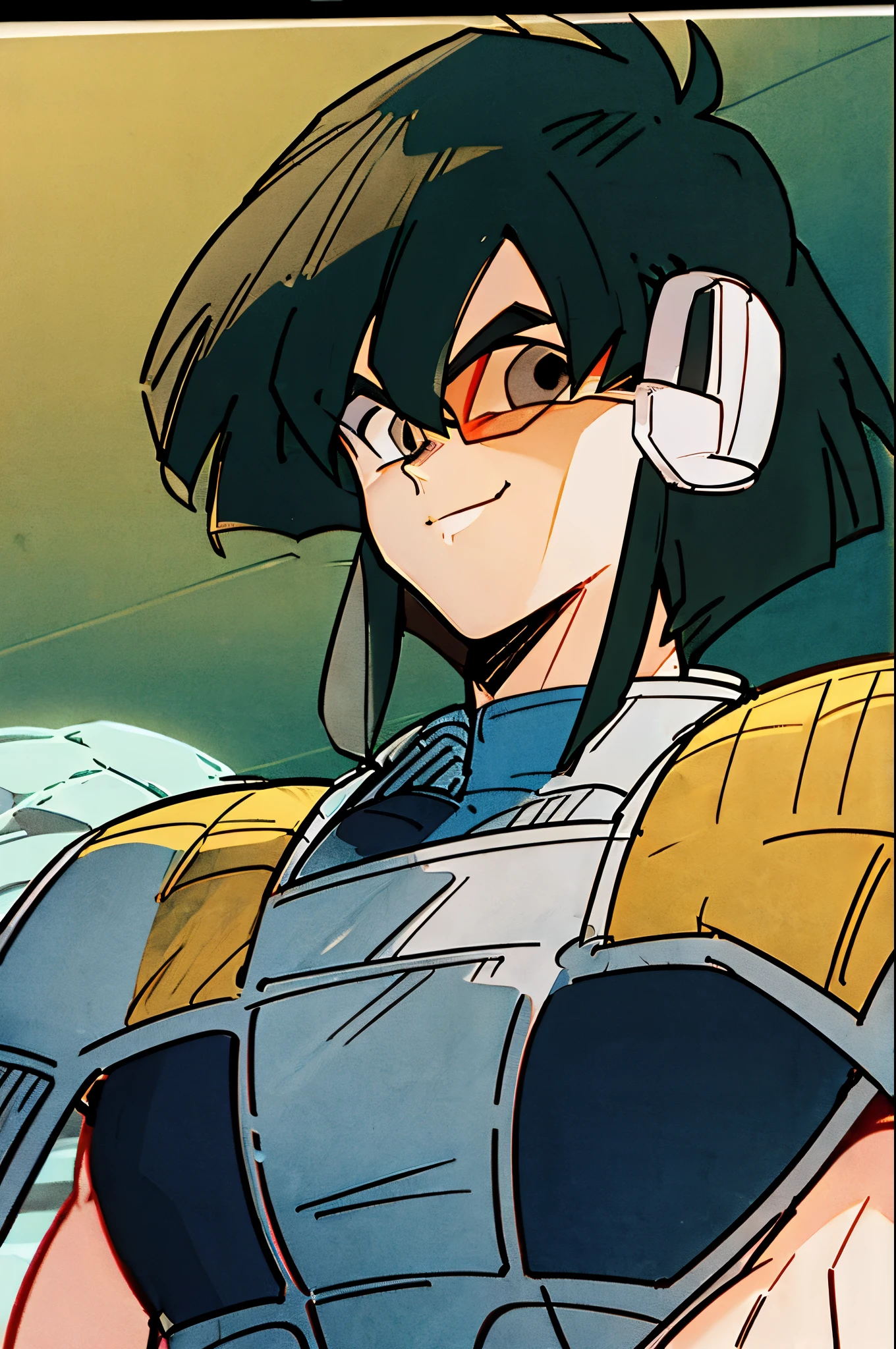masterpiece, best quality, cel shaded, bright colors, 1boy, solo, male focus, portrait of saiyan warrior, young boy, short spiky hair, black hair, black eyes, smile, slight tan, Red Saiyan Scouter, Saiyan_Scouter, scouter, tinted eyewear, black saiyan armor, armor, looking at viewer, staring straight ahead, upper body shot, space background