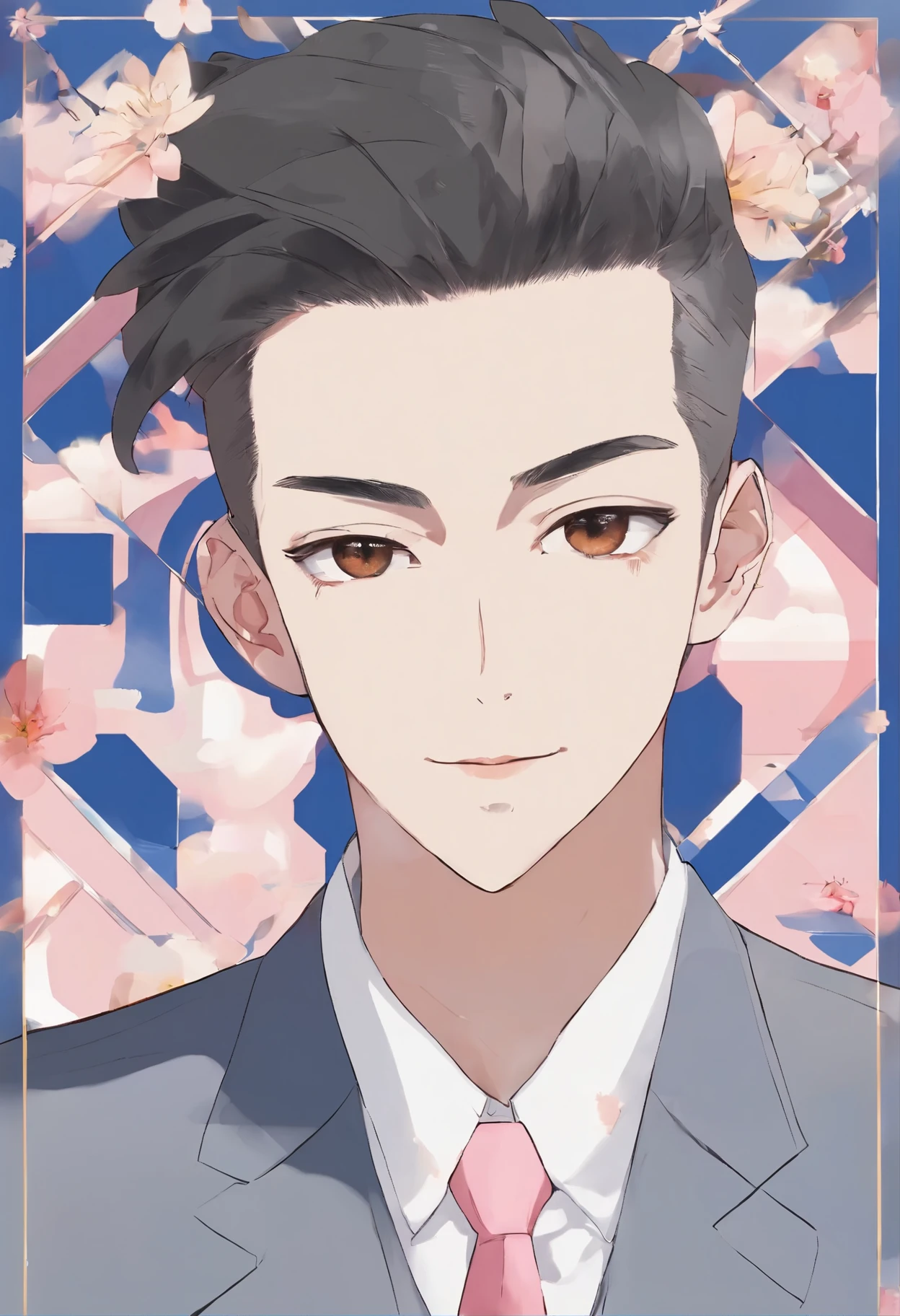 Please generate an illustration of a man under the following conditions:。
#Conditions: Face of a man, age 35~Around 40 years old. Facing forward like a passport photo. Please draw a close-up of the face. Please draw an illustration from the shoulders up. Please draw in an anime style. Japanese. Round face. Slightly dark in color. Thick eyebrows. Large double eyelids. Brown eyes. Long eyelashes. No beard. Small lips. Short hair. Two-block hair on the sides. Brownish black hair. Wearing a suit and tie. Navy blue suit. Pink tie. White shirt. Blue sky in the background. There are a few clouds, but it's sunny.