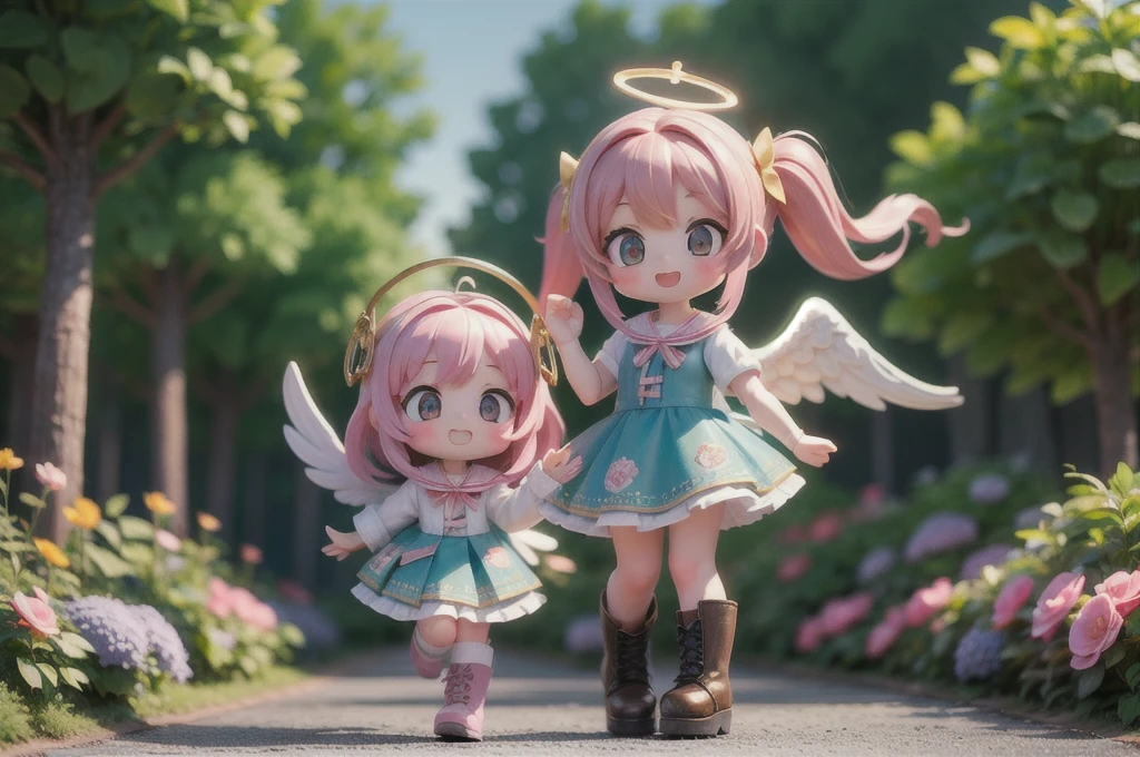 (masterpiece, highest quality, Highest image quality,photorealistic, Raw photo),multiple girls,(girls is angel),((girls with angel's wing,angel halo floats above her head),Angel girls with various hairstyles and haircolors, (nendoroid figure), miniatures,illustration,metal platform boots,very happy smile,mouth open,fluttering skirt,strong wind,whole body,(in garden),dynamic pose,three-dimensional,octane rendering,Perfect face,Collagen texture((flowing hair))