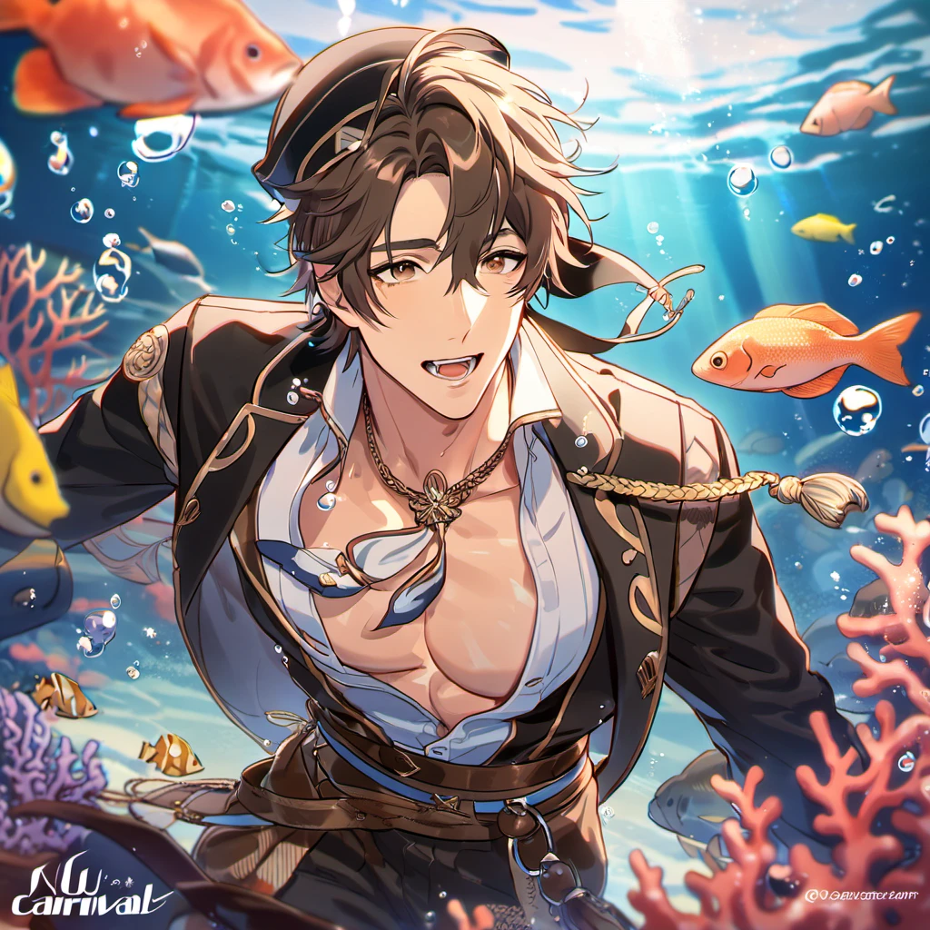 absurdres, highres, ultra detailed, HDR, master piece, best quality, Eiden, brown hair, expressive brown eyes, Nu Carnival, solo, sexy man, handsome, black hat, fantasy black pirate clothes, accessories, showing the chest, underwater, coral, fish, bubbles