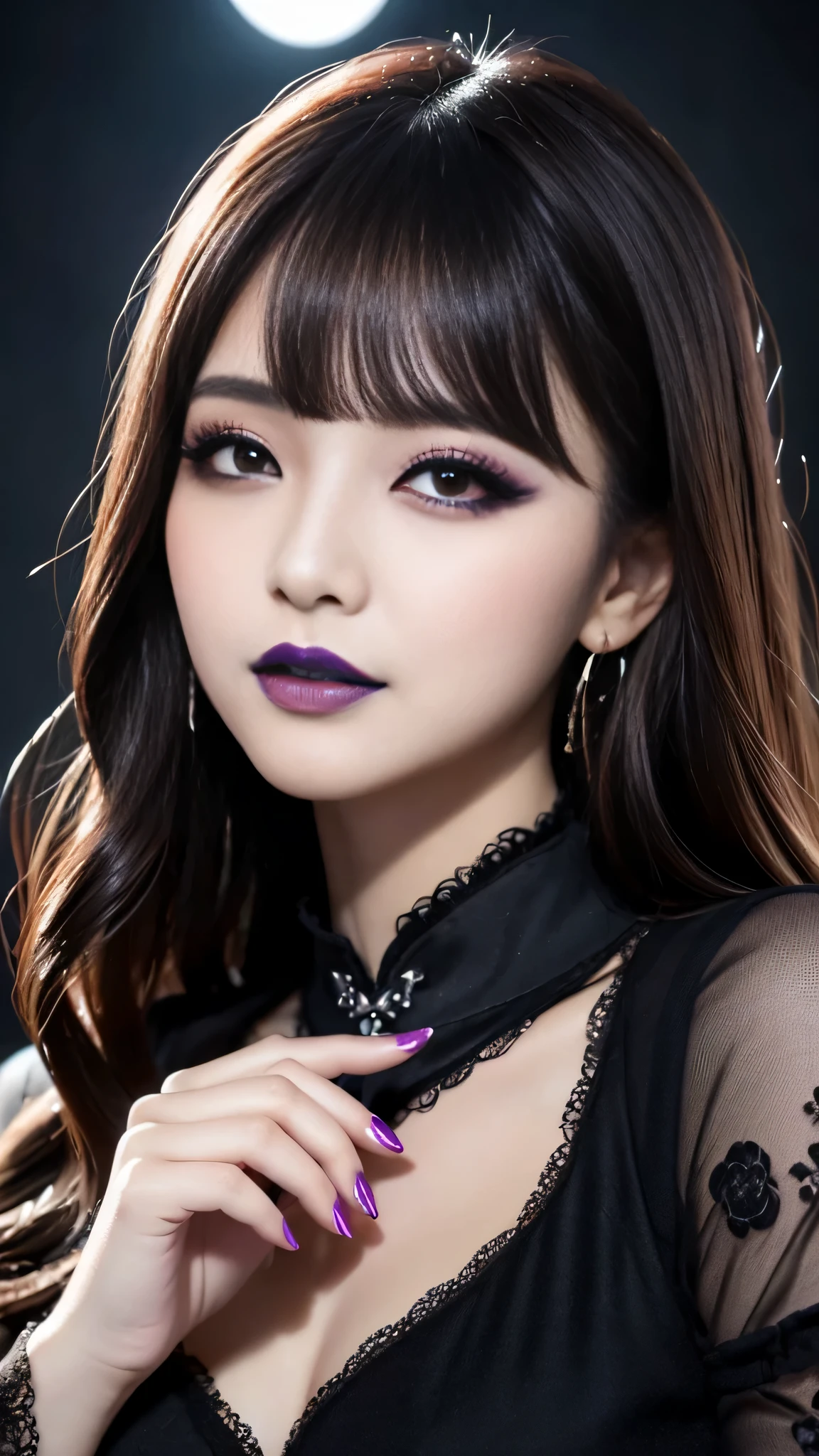 2girls、best quality、ultra-detailed、4k、Japanese、Seductive beauty、seductive adult woman、Pretty Woman、cool girl、Villainess、Brainwashed、brainwash、Fallen into evil、smirk、Evil look、Wicked Smile、evil、Brown hair、wavy hair、swept bangs、dark makeup、dark makeup、piercing eyes、hollow eyes,half-closed eyes、Hollow Eyes、Purple Eyeshadow、black lipstick、black lipgloole around the mouth、Long Black Cheongsam、Wide sleeves、night、Eerie Citadel、makeup brush、Make up、Are standing、