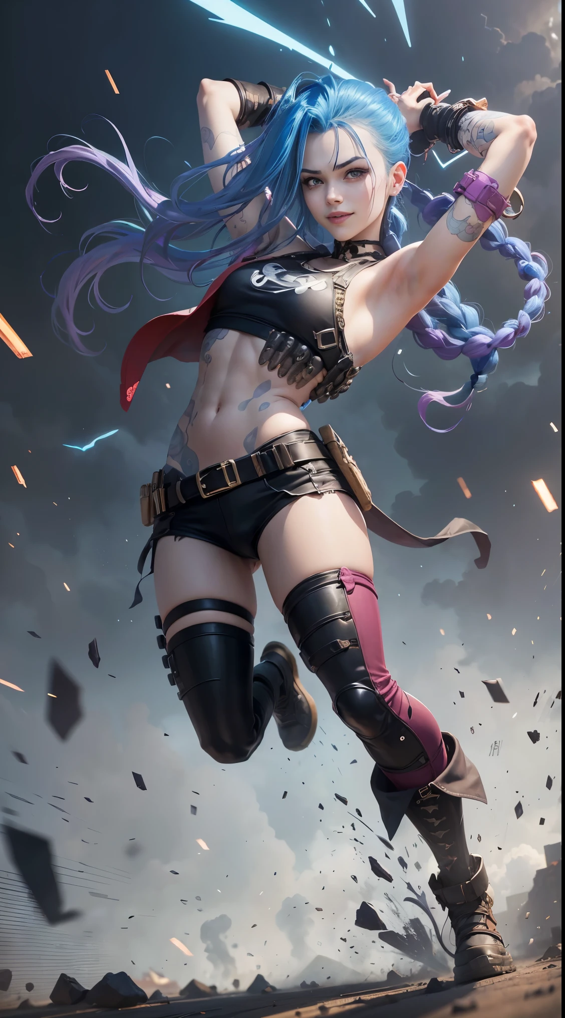 jinx, arcane, Crazy, Close-up photos、Inappropriate smile、Jojo Standing、Turn your back to the camera、only face、despise、Toes、unclear、Heavy equipment、bulletproof vest、raise arms、Dynamism、Perspective、odd eye、Windstorm、Feeling of sprinting、Dull hair、Red pattern、A sexy、glamor