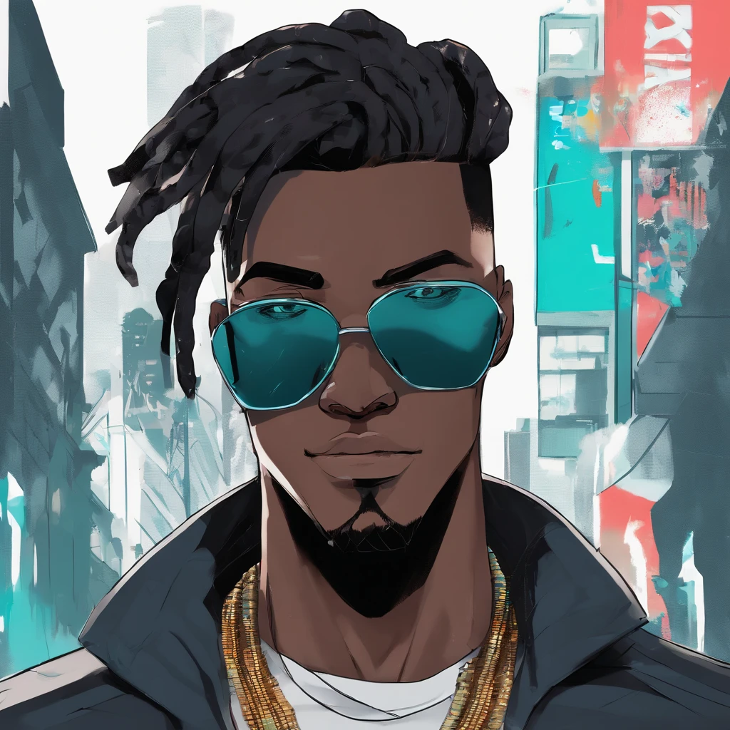 dark skin teenager wearing fancy glasses with dark turquoise frames, black fur-trimmed coat over a dress shirt, and a beaded necklace. trigger anime artstyle, [[[[grinning evily]]]], portrait of ((mischievous)), , male anime character, young anime man, inspired by Miguel from Tekken, tall anime guy with steel blue eyes, fingerless gloves, surban streets with graffiti on the walls, faded haircut, short braided hair