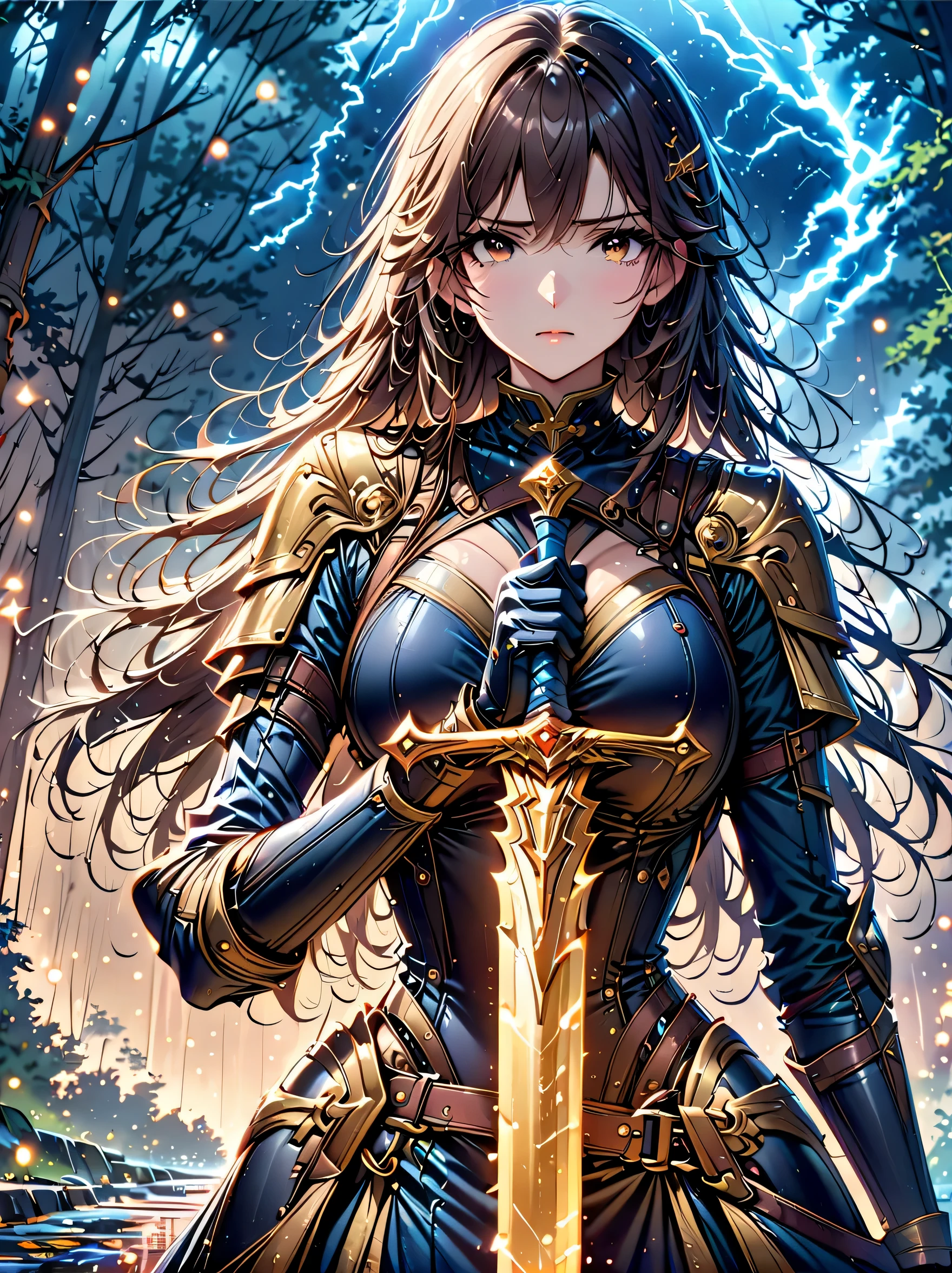 Fantasy, forest landscape photo, Swedish beauty, skin moist and shiny, (18-year-old female swordsman in a glittering battle uniform, with glittering golden decorations and a long sword that shines), (path, night, thunderstorm, terrible) cloudy, rainwater: 1.2), (details: 1.2), light, sad, brown eyes, symmetrical features, delicate hands, exquisite fingers, glittering battle uniforms, (masterpiece: 1.2), (magnificent Composition: 1.4), (Talent: 1.2), Super detailed, Very detailed, Crazy details, (Real photo: 1.2), High resolution, 8k, Exquisite, Sharp, Grace, Dreamy bright colors, high quality,