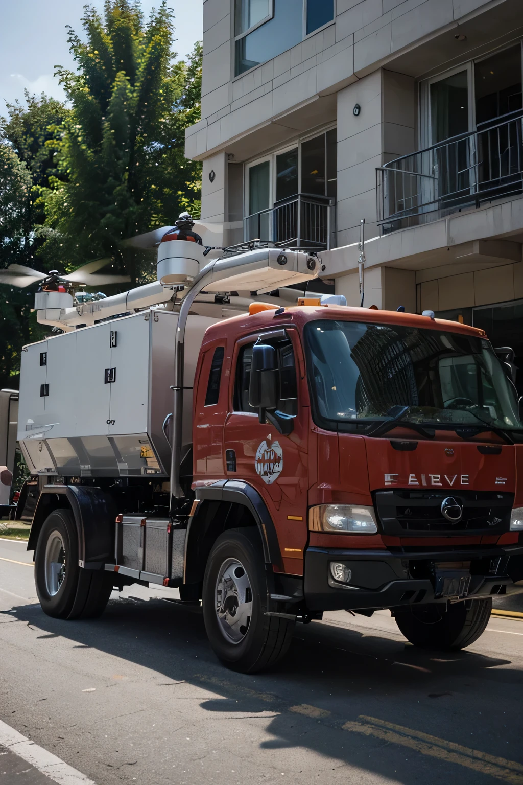 design your own advance firetruck that is different to the fire truck in our society have. show it's features 
including AI-assisted drones for aerial assessment and water delivery.Sustainable design elements, such as electric or hybrid propulsion systems and water recycling systems 
   